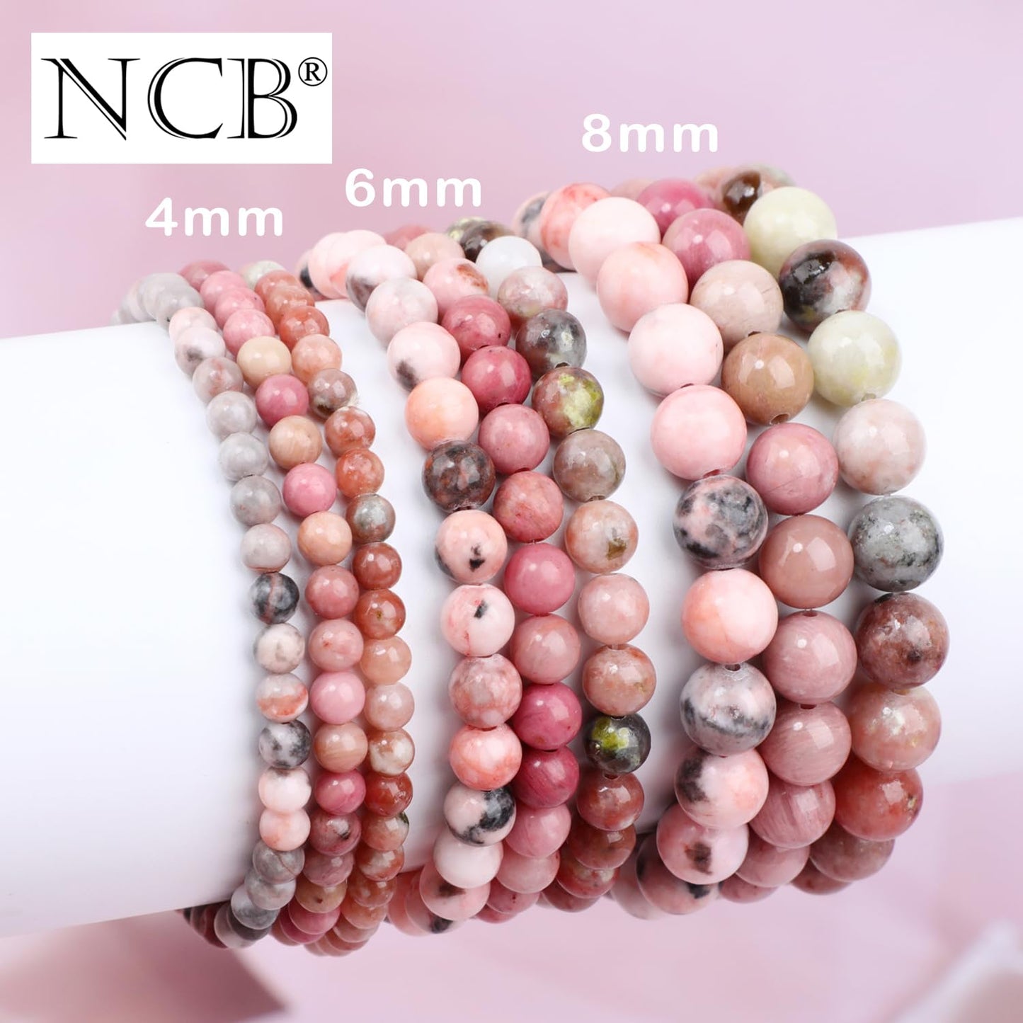 NCB 3-Piece 8mm Natural Crystal Gemstone Stretch Bracelets – ﻿Rhodochrosite, Pink Zebra, Pink Black Rhodonite Handmade Reiki Energy Healing Jewelry for Meditation,Yoga, Unisex