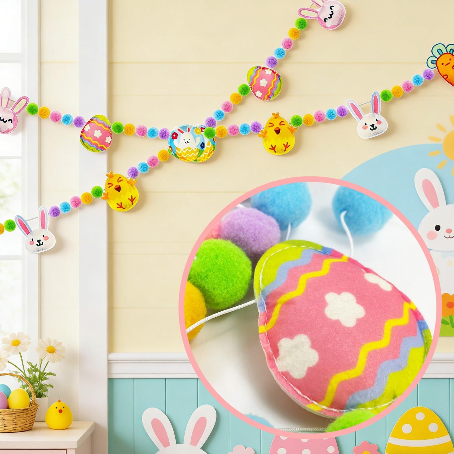 6.5ft Easter Garland Decorations, Handmade Felt Bunny Chick Carrot & Egg Pom Pom Garland, Farmhouse Spring Mantel Decor for Home Fireplace Wall Reusable Easter Banner for Indoor Party