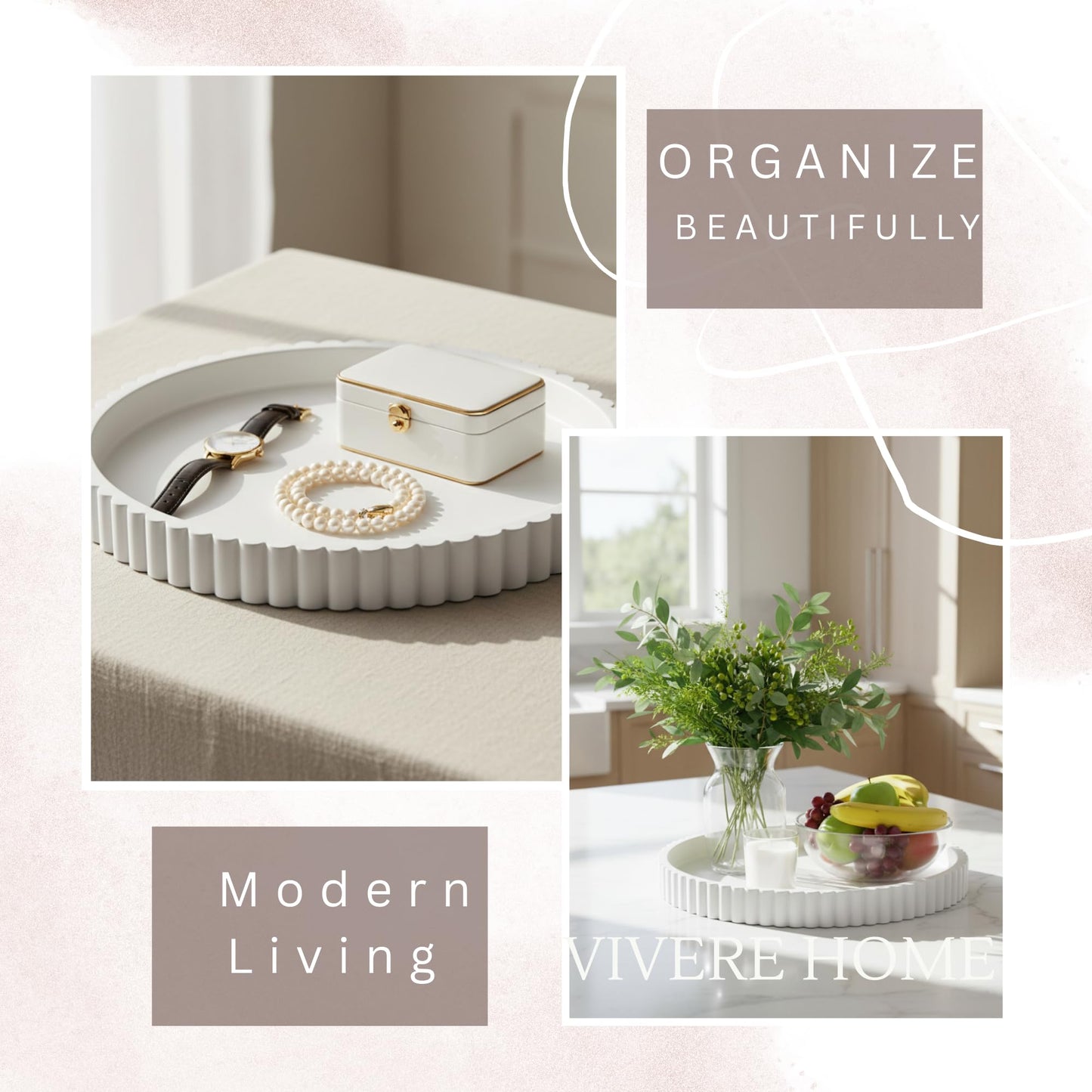 Vivere Home 13-Inch Coffee Table Tray Round - Concrete Round White Decorative Tray for Coffee Table Decor - Table Centerpieces Kitchen Island Trays Decorative Trays - Dining Room Tray