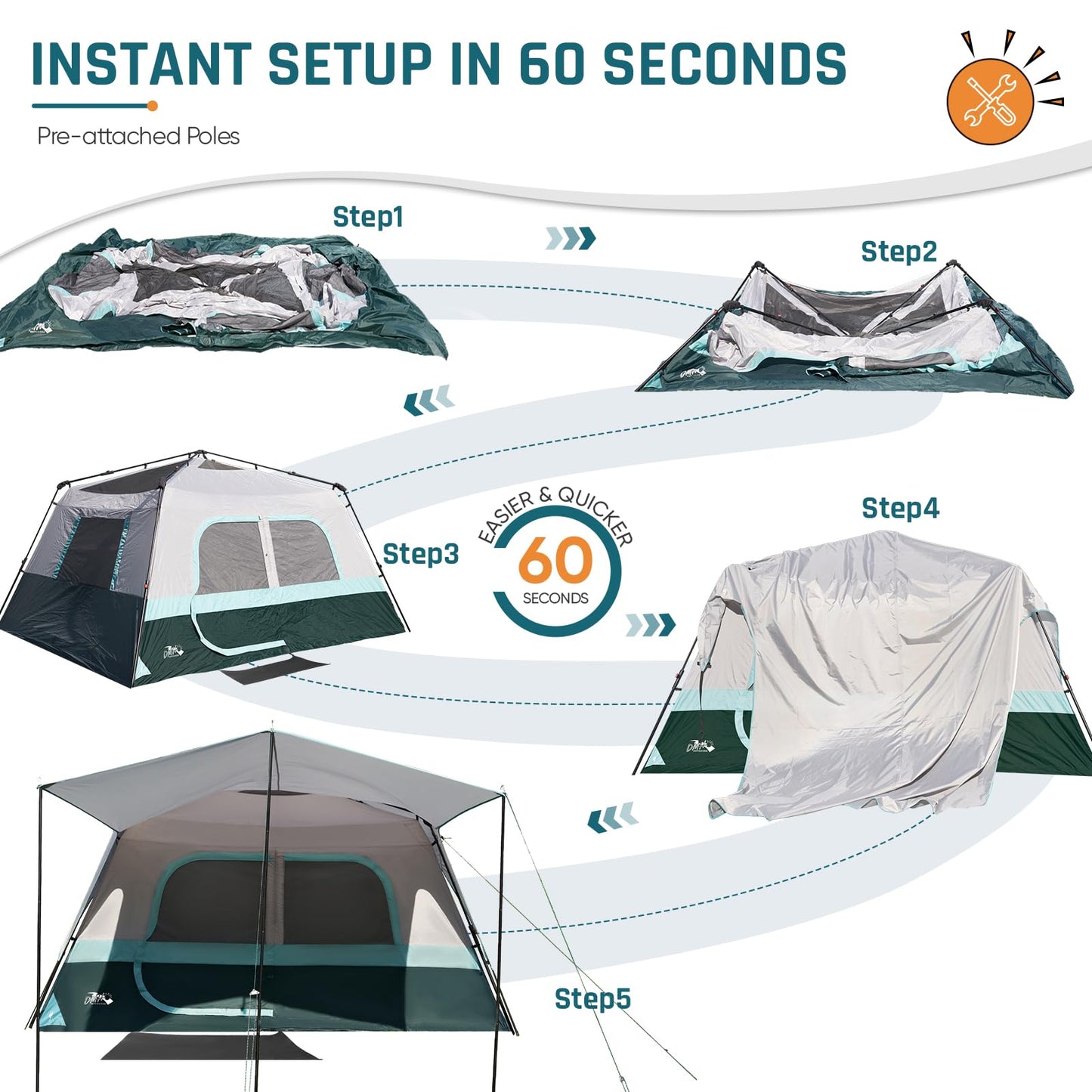 Camping Tent, Instant Cabin Tents for Camping, 8-Person Family Tent, Easy Setup in 60 Seconds with Porch, Large Waterproof Tents for Outdoor Camping, 5 Mesh Windows, Upgraded Ventilation (Green)
