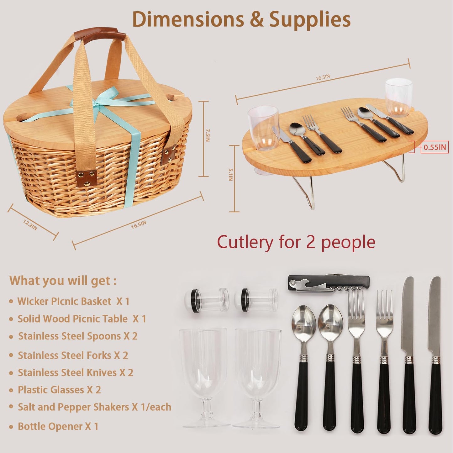 Hap Tim Wicker Picnic Basket Set for 2 with Mini Folding Wine Picnic Table & Large Insulated Cooler Bag & Cutlery Service Kits for 2 Person, Couples Gifts, Wedding Gifts (Y2209-2-CM)