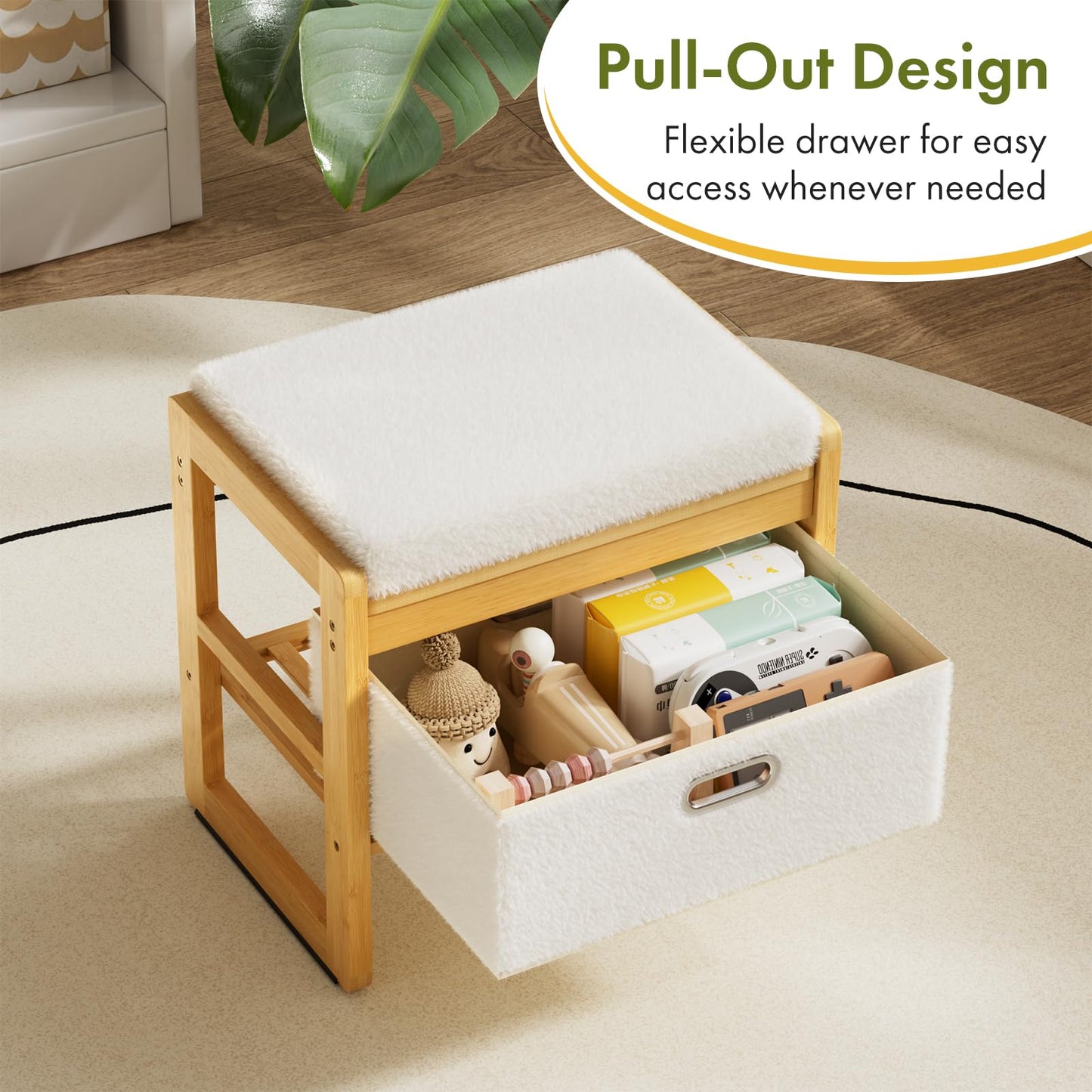 Atoping Storage Ottoman, Bamboo Footstool with Drawer, 3-in-1 Soft Ottoman with Storage, Multifunctional Footrest, Seat & Organizer for Living Room, Bedroom, Entryway Gift Set for Family