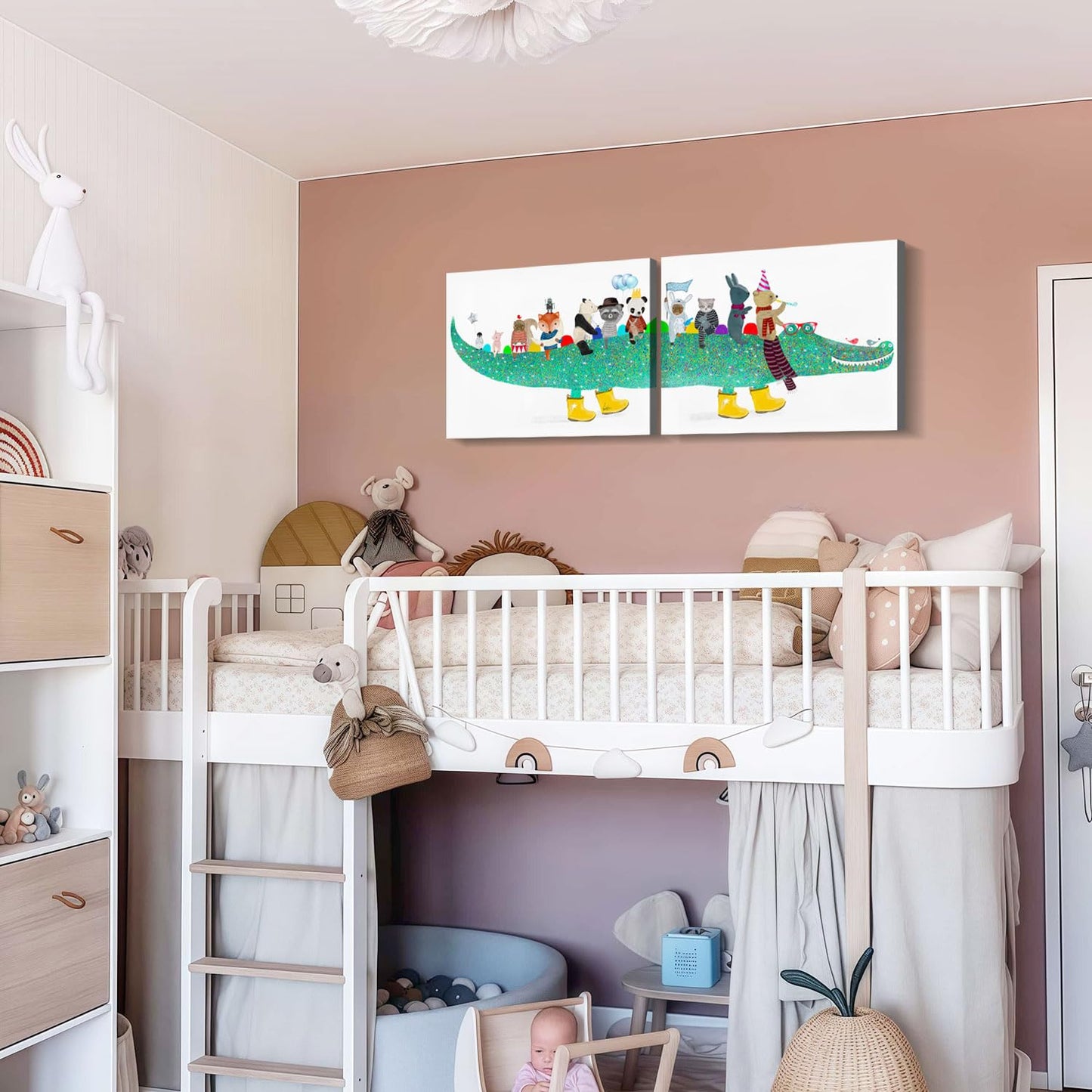 2 Pcs Framed Alligator Cute Animal Funny Cartoon Wall Art Decor Canvas Print Picture Modern Poster Gallery Bedroom Living Room Baby Room Kids Playroom 12x16 Inch Ready to Hang