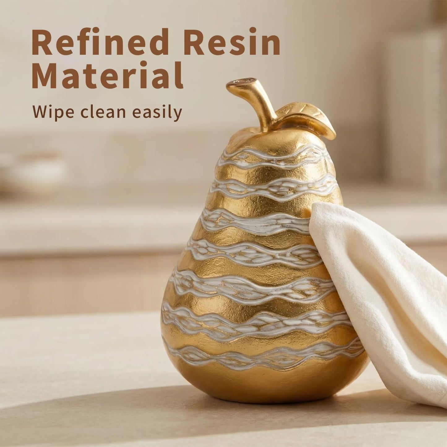 Zhao Xiang Modern Gold & White Pear Figurine - 6" Resin Fruit Statue with Textured Wavy Stripes, Contemporary Kitchen Island, Coffee Table & Shelf Decor Centerpiece