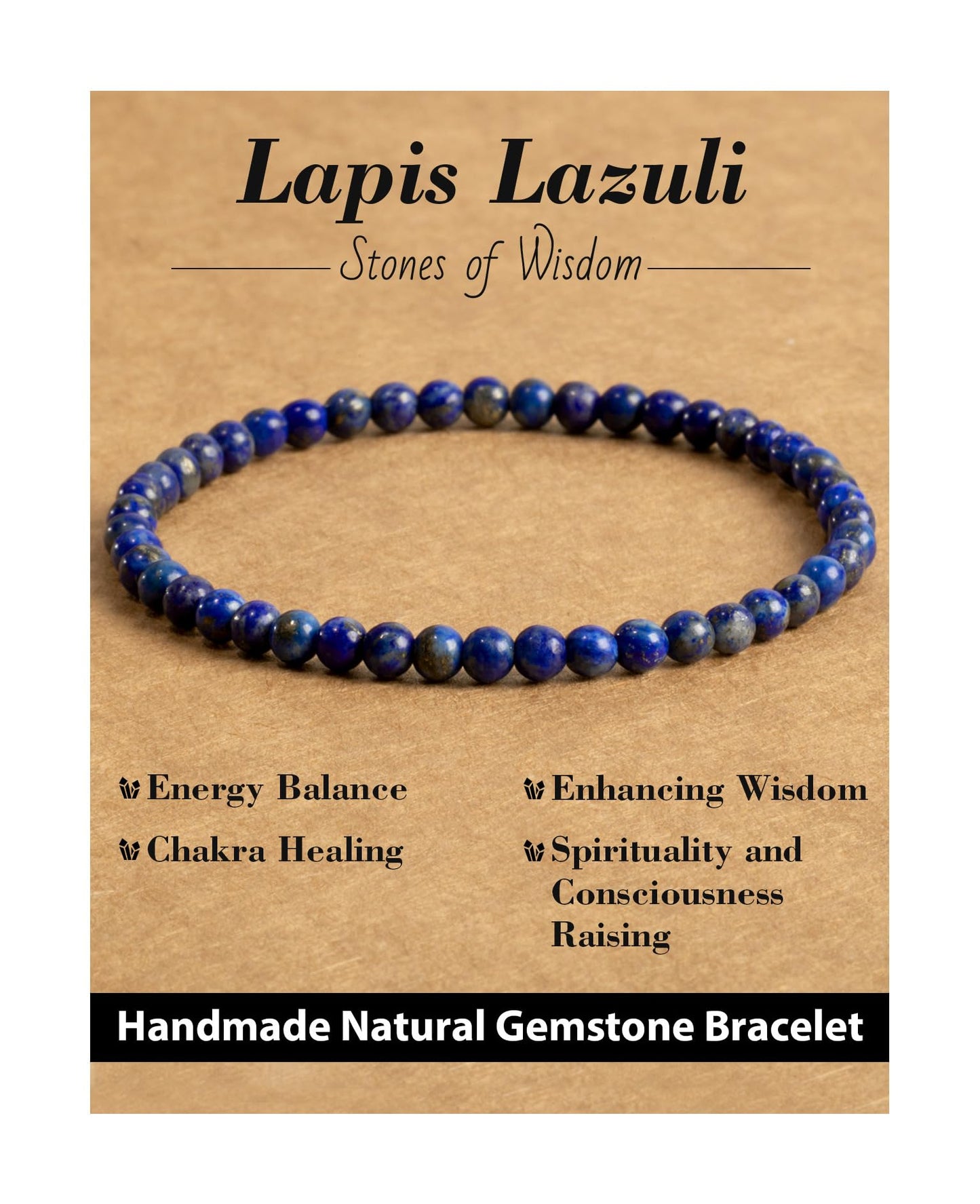 Landorilo Beaded Bracelet for Men Women, 4mm Natural Stone Lapis Lazuli Healing Crystal Stretch Bracelets, Ideal Christmas Birthday Jewelry Gifts with Energy Card，Replacement Beads Included