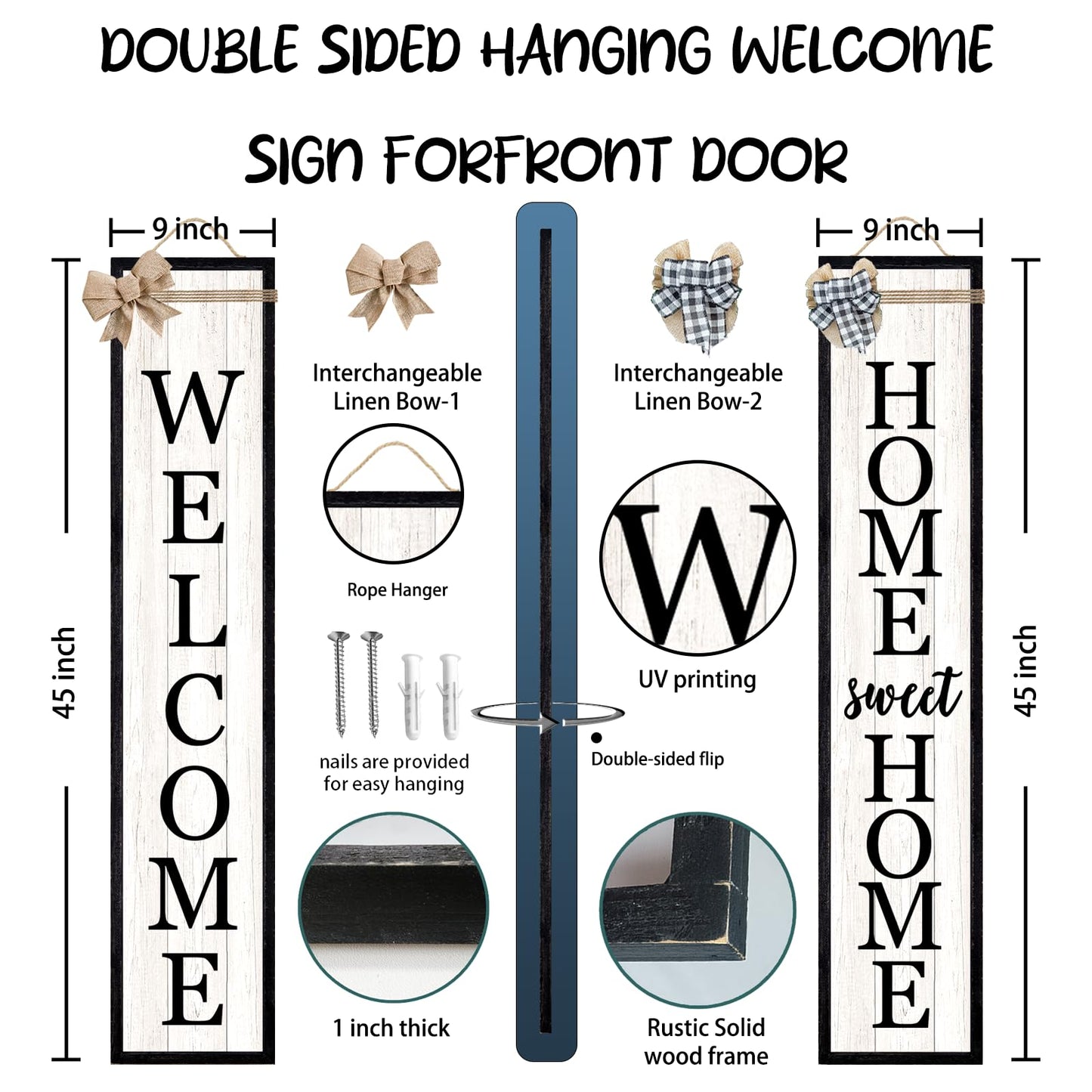 Surfapans Outdoor Welcome Sign for Front Porch Standing Large 2 Sided 45"X9" Wooden Frame Tall Vertical Leaner Long Home Sweet Home Front Door Sign for Rustic Outside Farmhouse Modern Decor (Black)