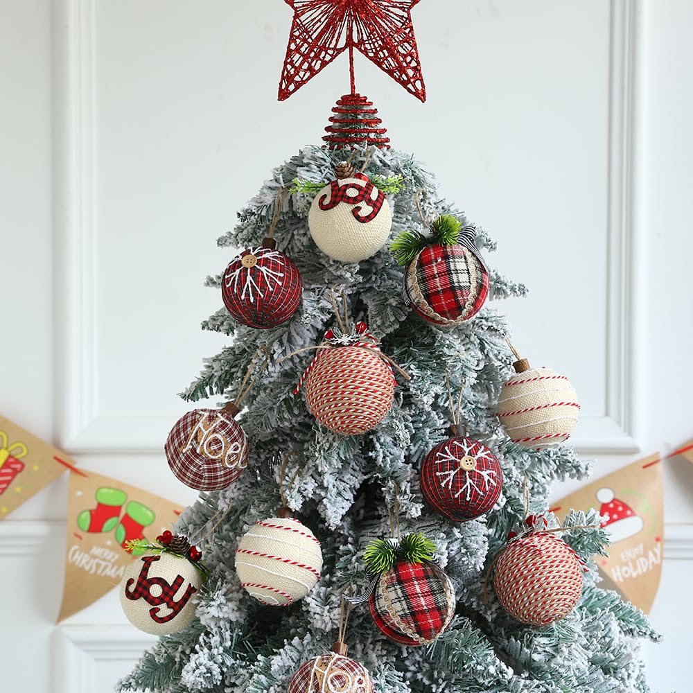 12 Piece Rustic Christmas Tree Ornaments, Farmhouse Christma Decoration, 3.15 inch Natural Jute Burlap Christmas Ball