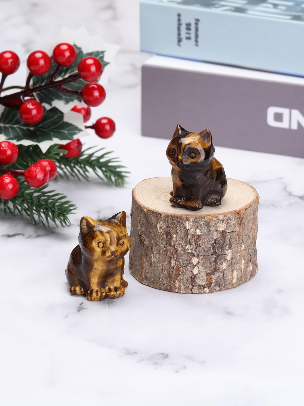 CrystalTears Tiger Eye Crystal Cat Figurine Carved Healing Crystal Gemstone Cat Lucky Cute Stone Cat Statue for Home Office Desk Meditation Decor Crystal Gifts for Women Men Cat Lover Christmas