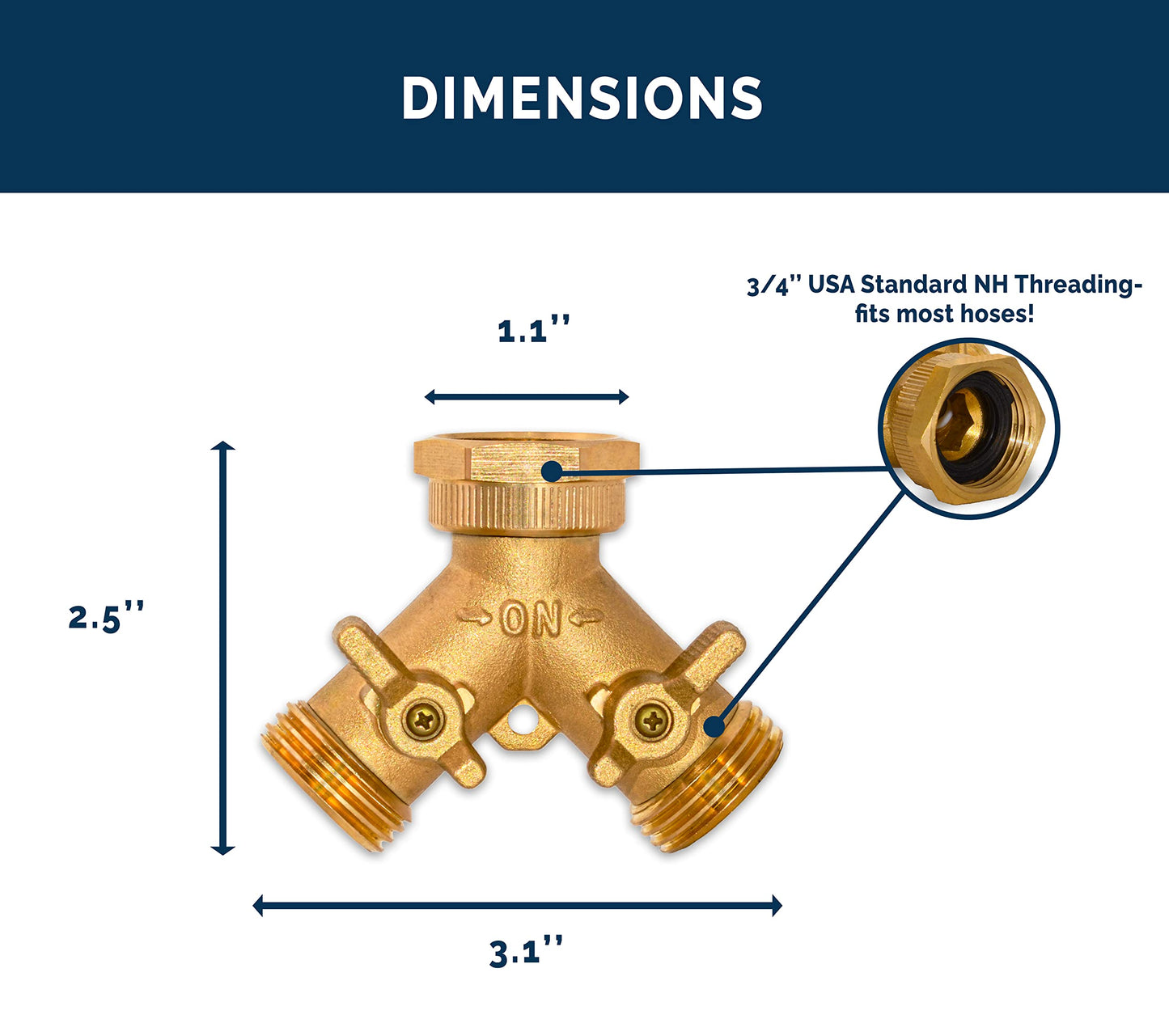 Morvat Brass 2-Way Y Splitter LEAD-FREE, Heavy-Duty Garden Hose Manifold Connector with Improved Comfort Grip ON/OFF Valves, Adapter for Water Faucet & Spigot, Extra 3 Washers, Teflon Tape (1-Pack)