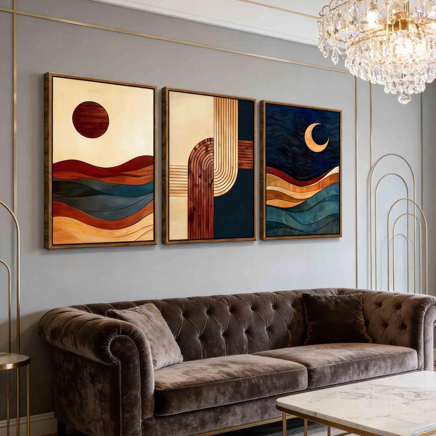 【3-Piece】 16x24 Inch Framed Sun & Moon Modern Abstract Wall Art - Boho Mid-Century Geometric Canvas Decor for Living Room