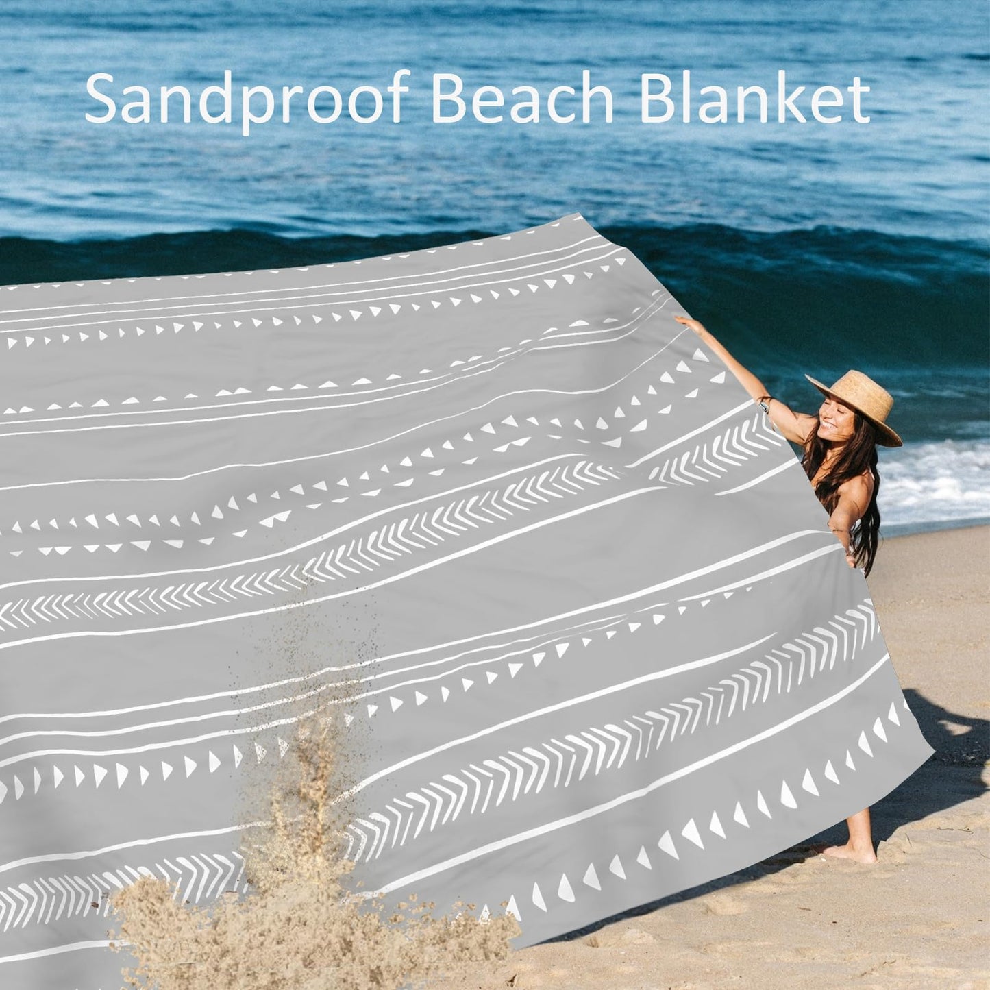 Extra Large 110''×118'' Beach Blanket for 8 Adults, Outdoor Beach Mat Sand Free Waterproof with 4 Stakes & 4 Corner Pockets, Polyester Lightweight Foldable Grey Picnic Mat for Travel, Camping, Hiking