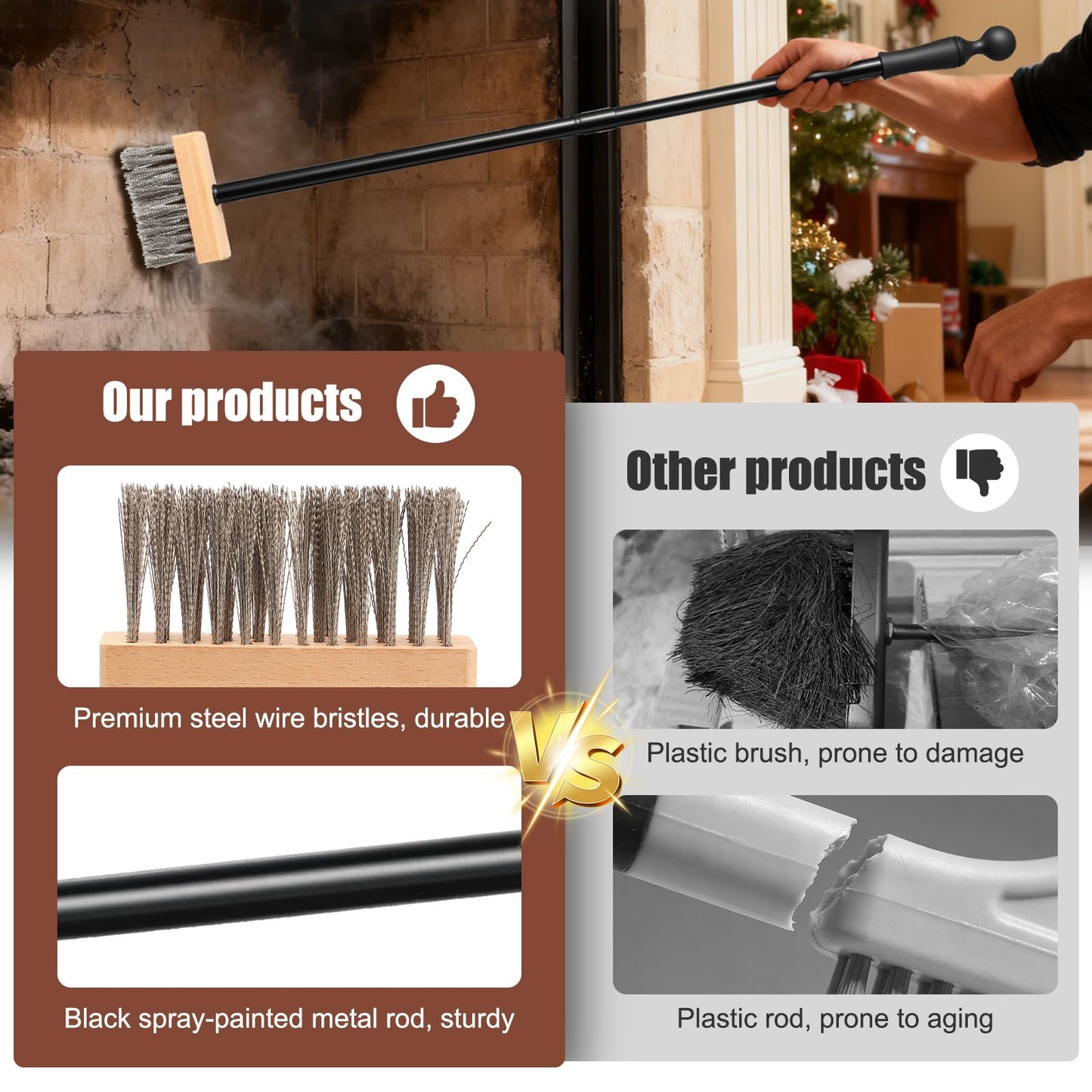 59" Fireplace Brush, Adjustable Metal Handle with Metal bristles, Suitable for Indoor fireplaces, Outdoor fire pits, and Camping. Easily Clears Ashes and Embers