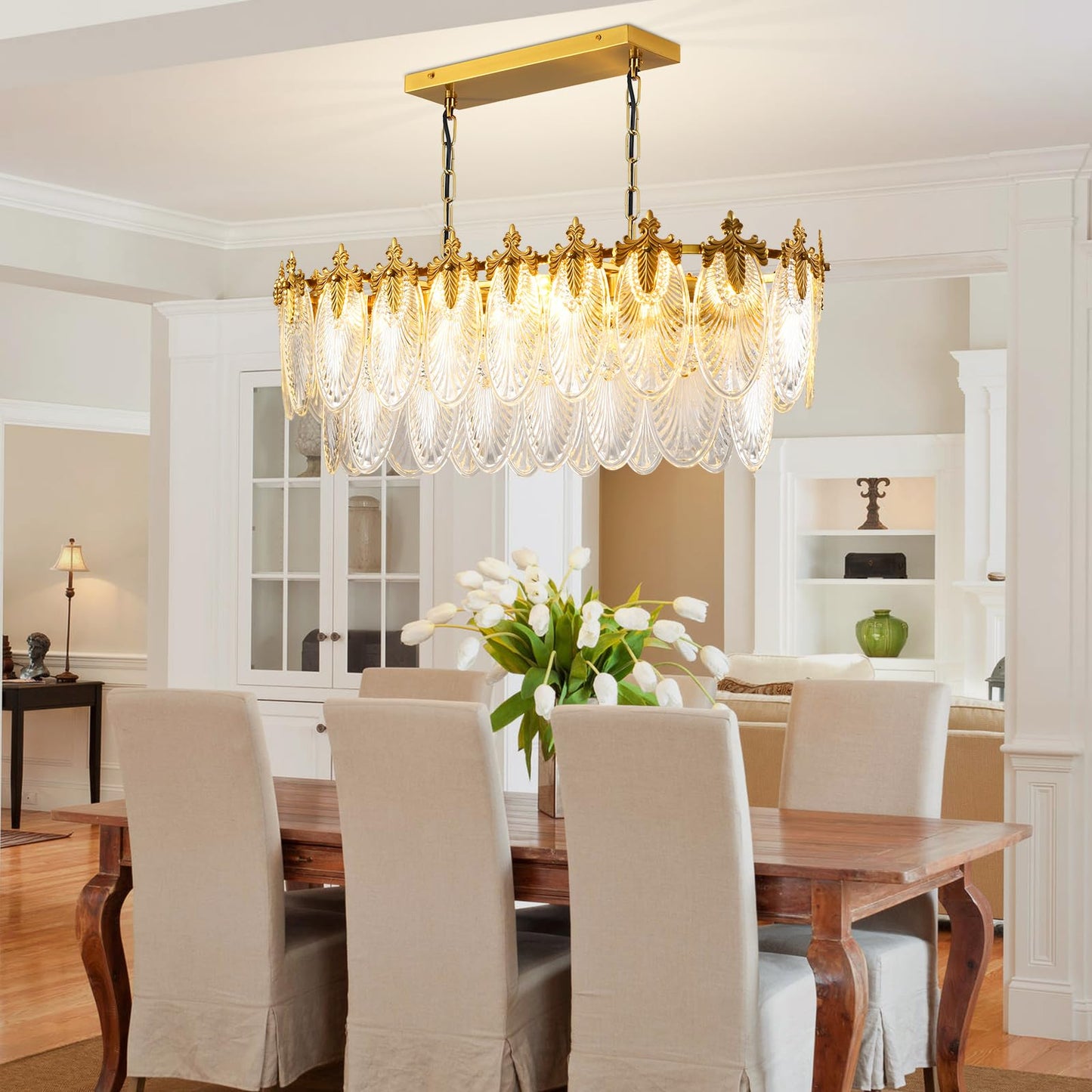 KELUOLY Rectangular Crystal Glass Dining Room Chandelier, 8 Light Gold Chandeliers Lighting Fixture, L33.5'' Height Adjustable Oval Ceiling Pendant Light for Office Coffee Over Table Kitchen Island