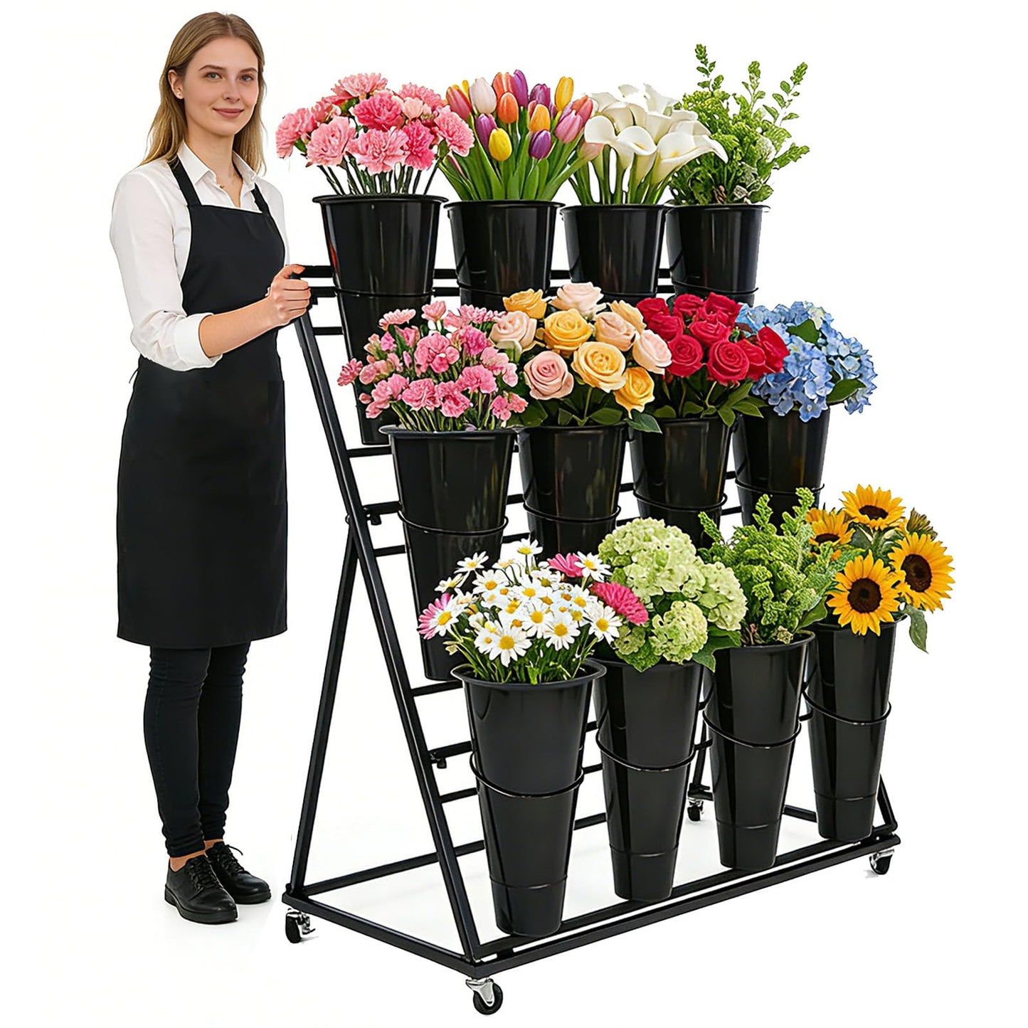 Flower Display Stand with 12 Buckets, 3 Layers Flower Bar Cart with Wheels, Metal Flower Plant Stand, Moving Florist Bouquet Shelf, for Outdoor Indoor Garden Patio Florist Weddings (A-Black)