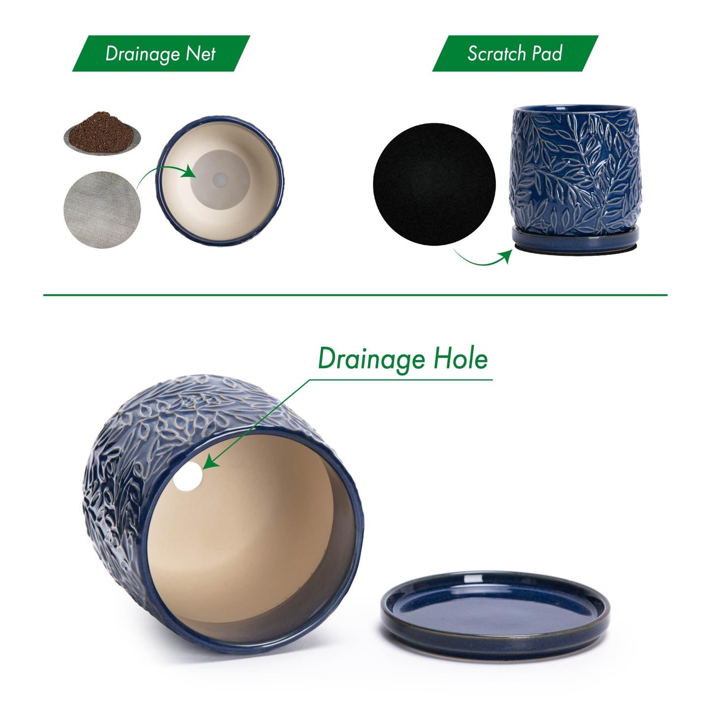 D'vine Dev 6 Inch Embossed Leaves Stoneware Planter Pot with Drainage Hole and Saucer, Midnight Blue, 27-A-X-3