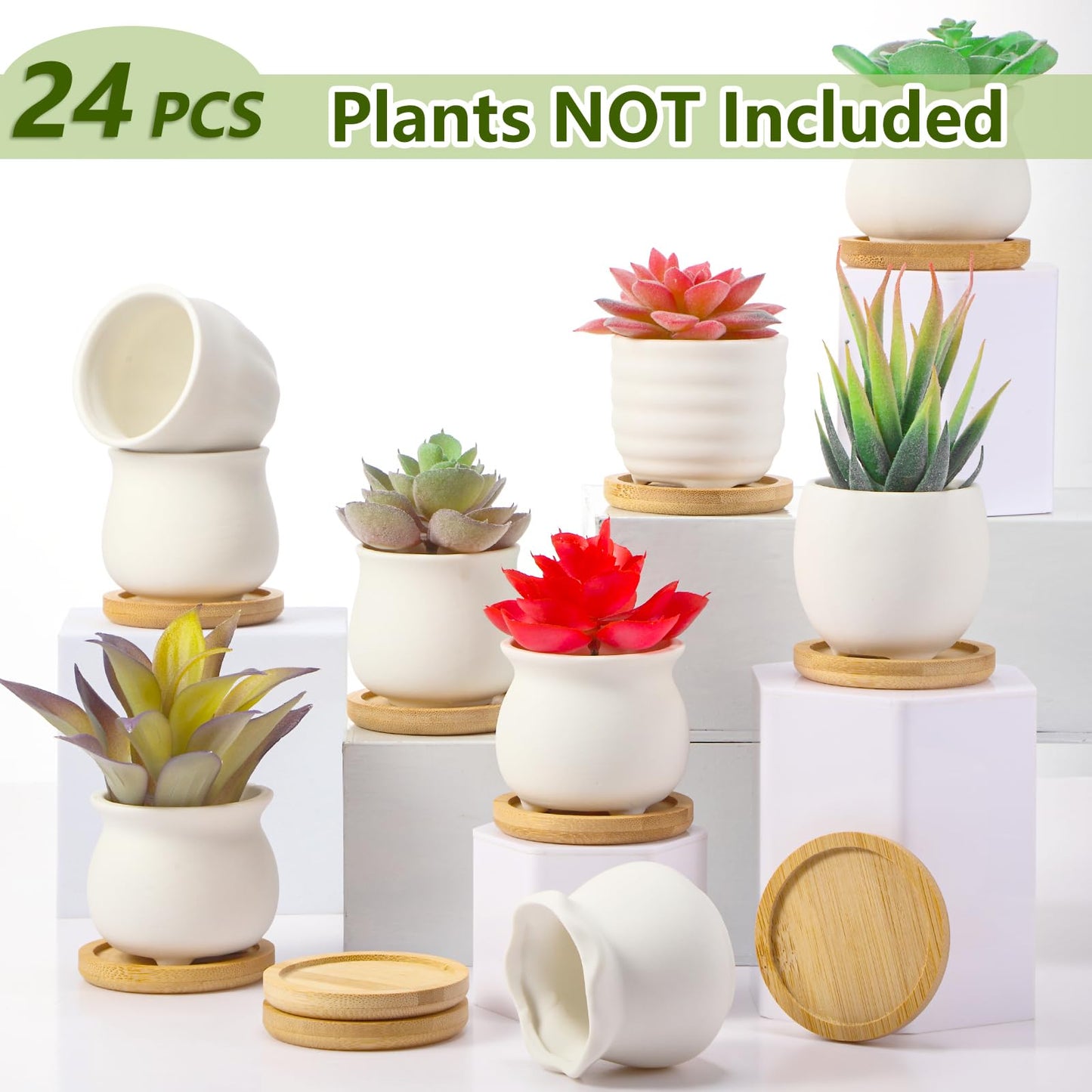 Remerry 24 Pcs 2.5 Inch Mini Succulent Pots with Bamboo Tray White Ceramic Pots Color Your Own DIY Small Planters Containers for Flower Cactus with Drainage Hole for Plant Lover