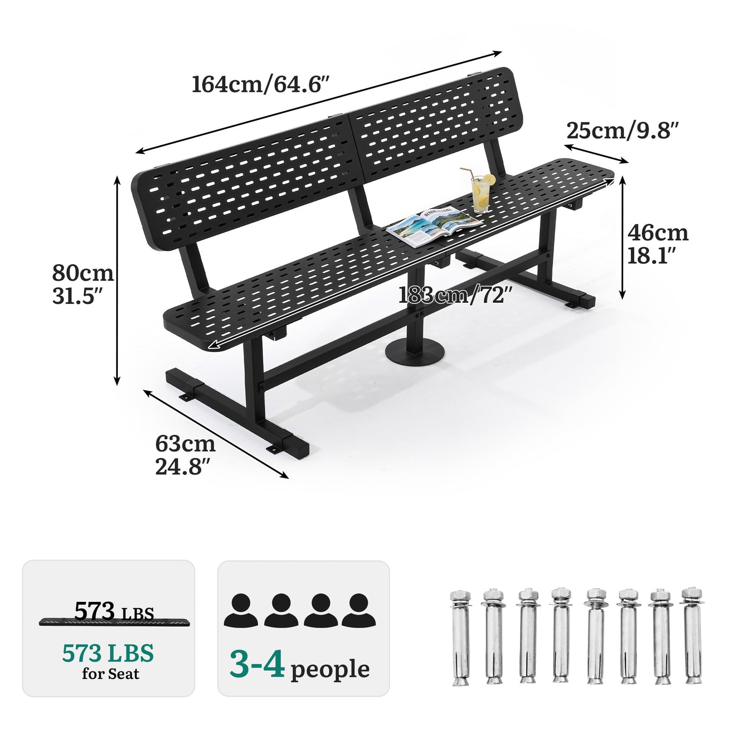 YITAHOME 6ft Outdoor Metal Park Bench with Back, Heavy Duty Park Carbon Steel Bench, Metal Garden Park Bench Thermoplastic Coated Weatherproof Seating for Patio Yard Commercial Use, 573 Lbs Cap Black