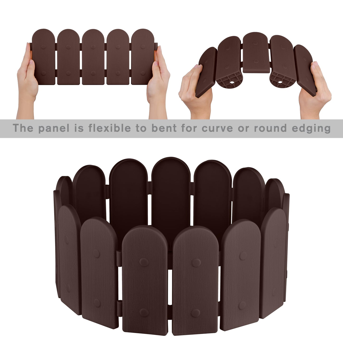 Evelyne Garden Border Plastic Edging: Wooden Fence Design - 8pcs Brown Yard Landscaping Fence Liner Lawn Edge Barrier - 10ft Kit of Decorative Lawn Panels Elements -Landscaping Edging-GMT-10374-A08
