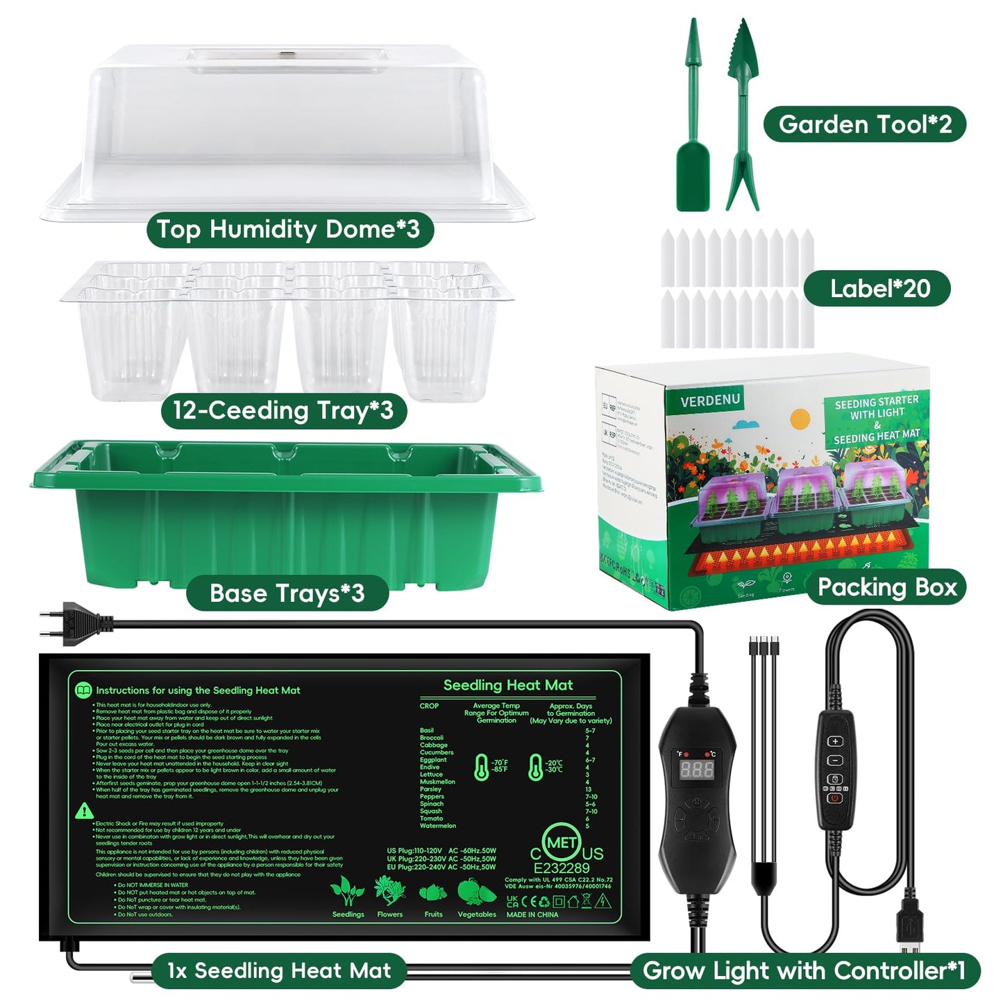 Verdenu 3PK Seed Starter Tray with Grow Lights and Tempe-Control Heat Mat, 36-Cell Large Seedling Starter Kit with Humidity Dome, Adjustable LED Lighting for Seed Germination,Temperature Adjustable