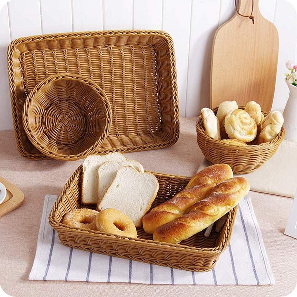 Yarlung 2 Pack Woven Bread Basket, Plastic Wicker Fruit Baskets 15.7 x 11.4 Inch, Imitation Rattan Food Serving Trays for Vegetables, Kitchen, Restaurant, Outdoor, Brown