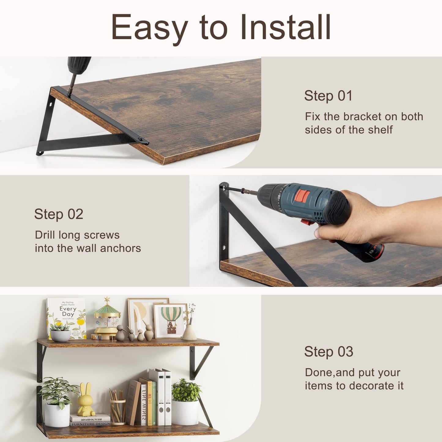 Deep Floating Shelves for Wall, 24"W x 10"D Wall Shelves Set of 2, 10 Inch Deep Floating Shelf with Brackets, Wide Display & Storage Shelves for Books, Living Room, Kitchen, Bathroom, Rustic Brown