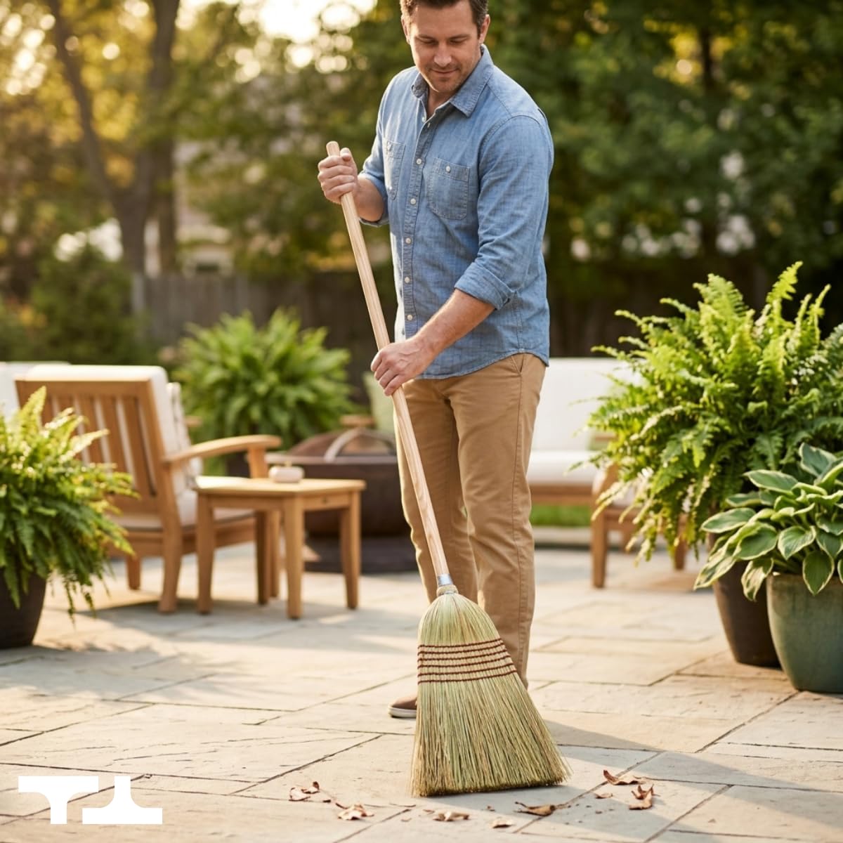 Tidy Tools Corn Broom with Wood Handle Heavy Duty Indoor Outdoor Broom (1 1/4 Inch Handle)