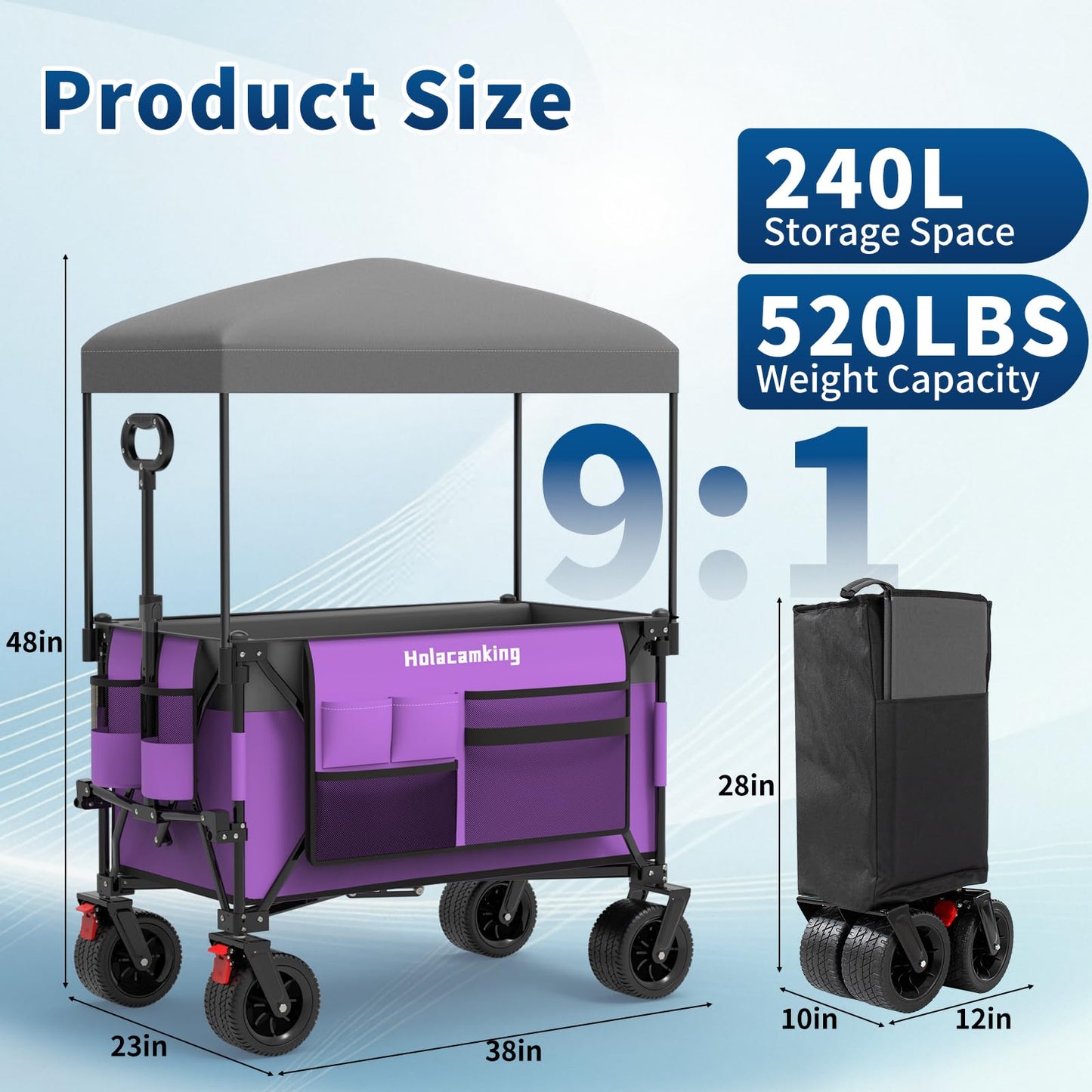Holacamking Collapsible Canopy Wagon Cart, Heavy Duty Utility Wagon with Removable Sun Cover, All-Terrain Big Wheels, Dual Brakes, Extra Large Grocery Cart for Beach Camping Sports Tailgates (Purple)
