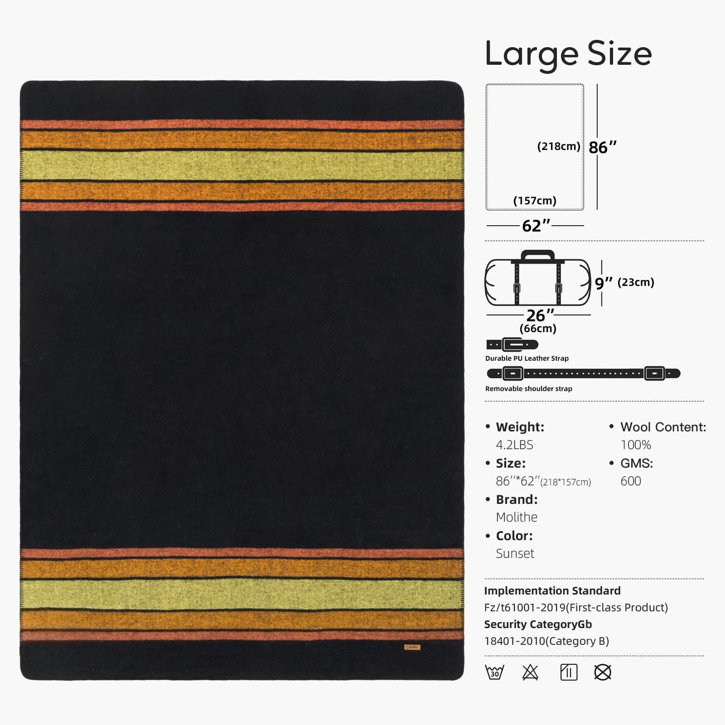 Molithe 100% Wool Blanket, 62" x 86", Warm, Thick, Washable, Military Wool Blanket, Great for Camping, Outdoors, Sporting Events, Survival Kits