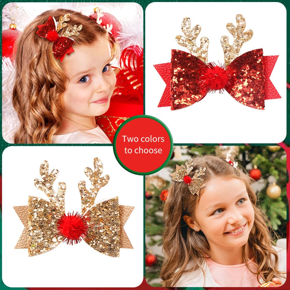 Ulfanit Christmas Hair Clips, Red Gold Sequined Bow Antler Hair Clip Hairpin Xmas Gift, Cute Sparkly Hair Accessories Christmas Costume, New Year, Winter Holiday Celebration, Birthday Party Gift