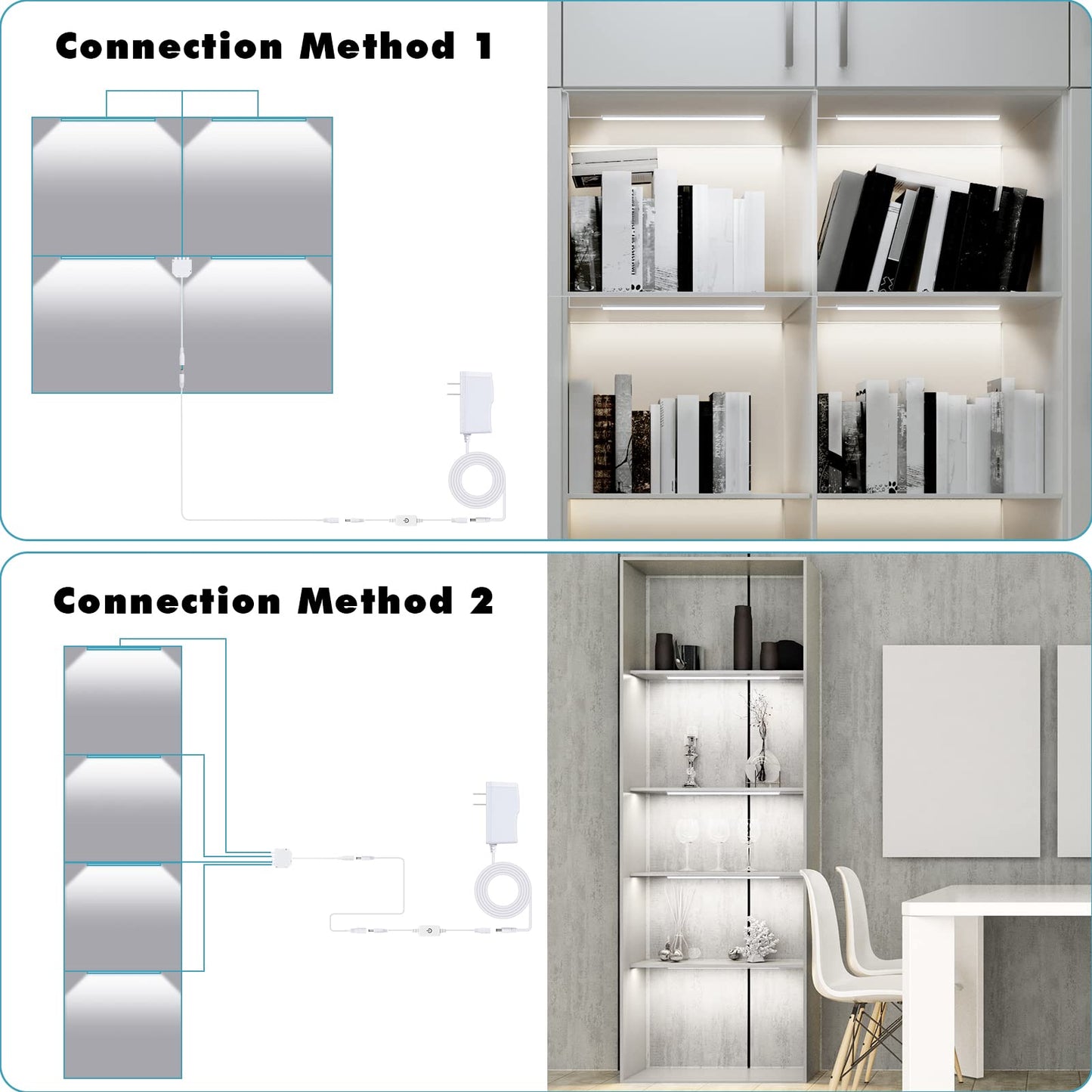 Black Shell Display Cabinet Lights, Under Shelf Lighting with Memory Function, 2 Sets of 4x12 Inch Plug-in Bookshelf Lighting, LED Cabinet Lights for Display Case/Pantry/Closet/Safe, Cold White 6000K