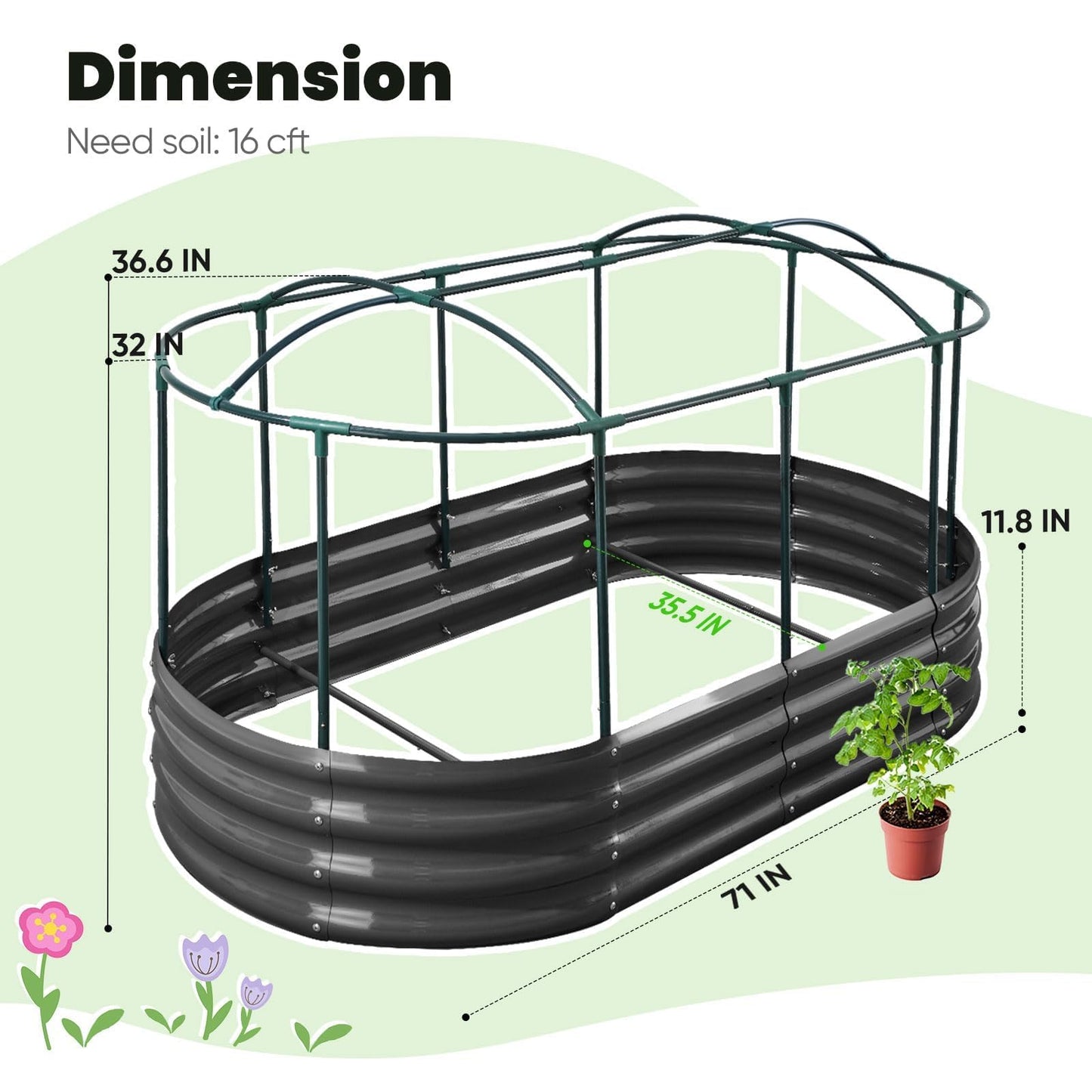 KING BIRD Raised Garden Bed with Cover Galvanized Oval Planter Garden Box Outdoor for Gardening, Vegetables, Flowers 71x36x12 in, White