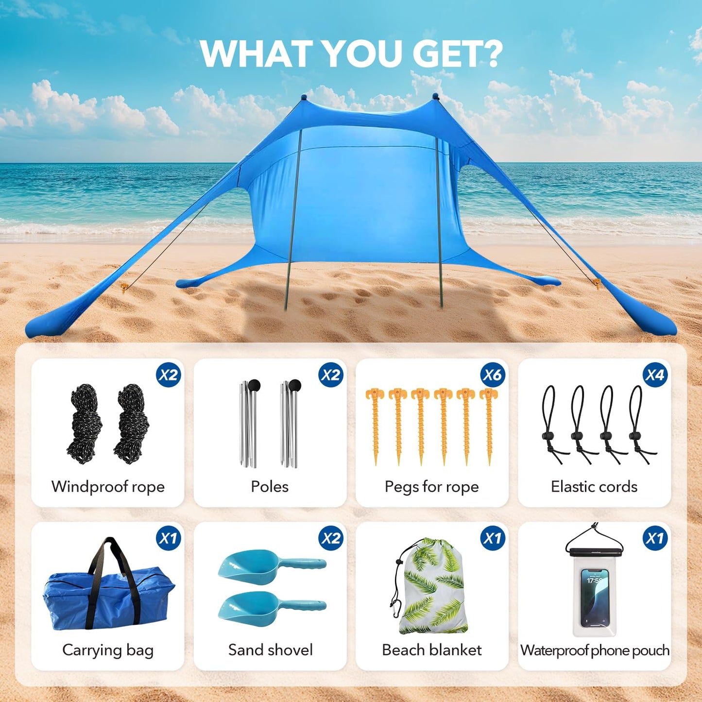 Beach Shade Canopy with Beach Blanket Phone Case Sun Shelter Umbrella UPF50+ Protection Portable 7.5X7.5Ft Camping Tents for Beach Outdoor Camping Backyard Picnics Easy to Set Up for Outdoor Camping