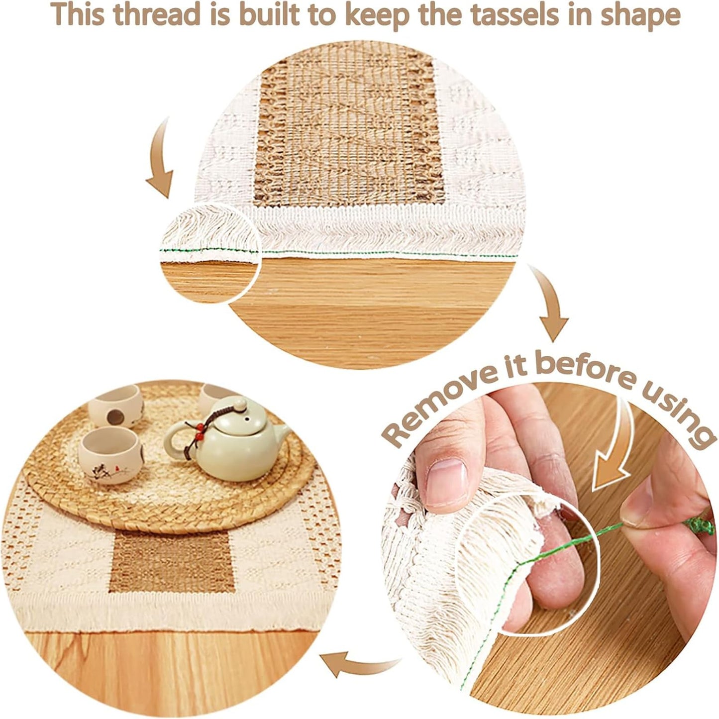 Zology Handmade Boho Placemats Set of 6 - Natural Cotton Burlap and Water Straw Woven Combination Table Mats, Macrame Décor and Farmhouse Style Placemats, for Dining Table Kitchen