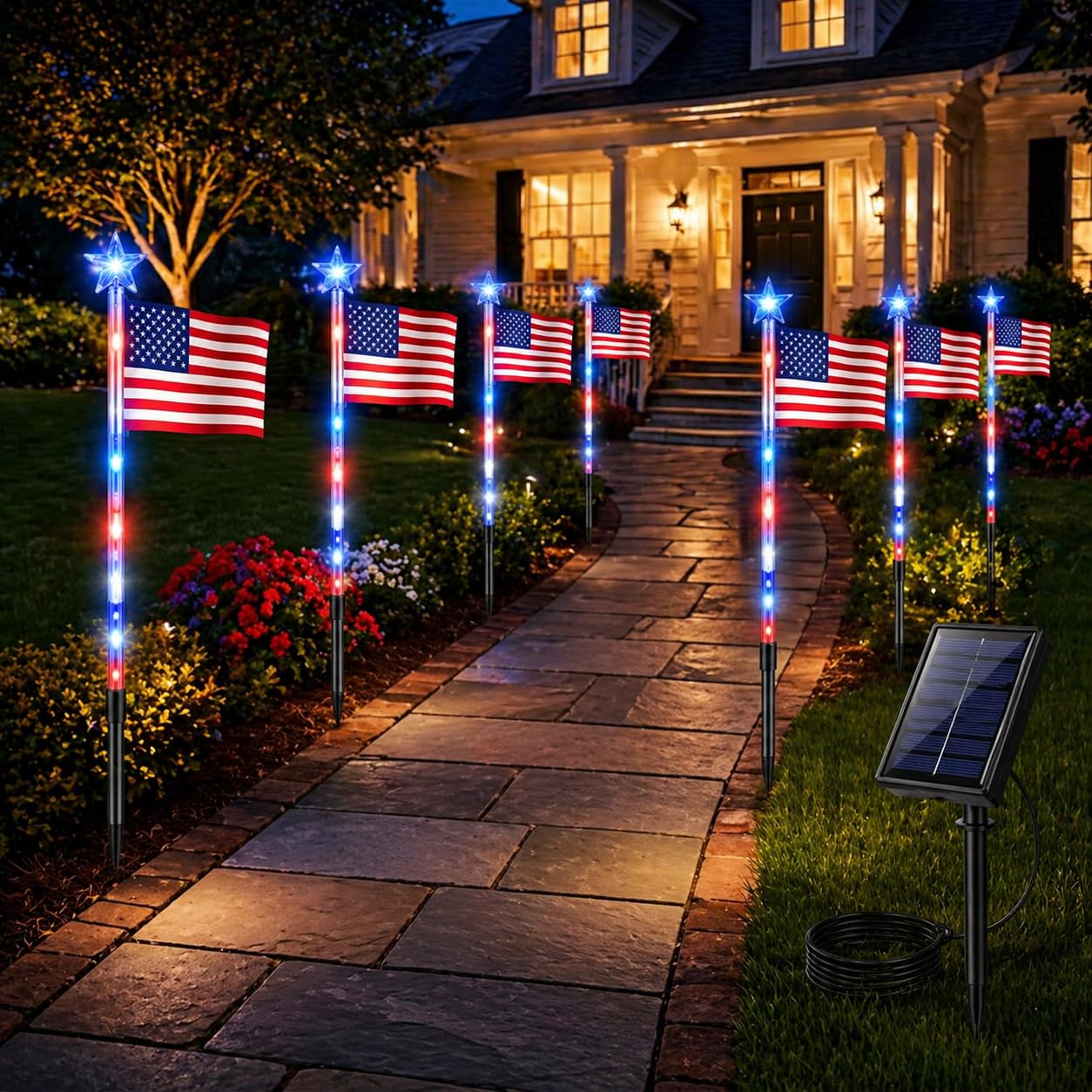 8 Pack Solar American Flag Pathway Lights, Patriotic Red White Blue Outdoor Stake Lights, Waterproof Solar LED Yard Garden Decorations for 4th of July, Independence Day