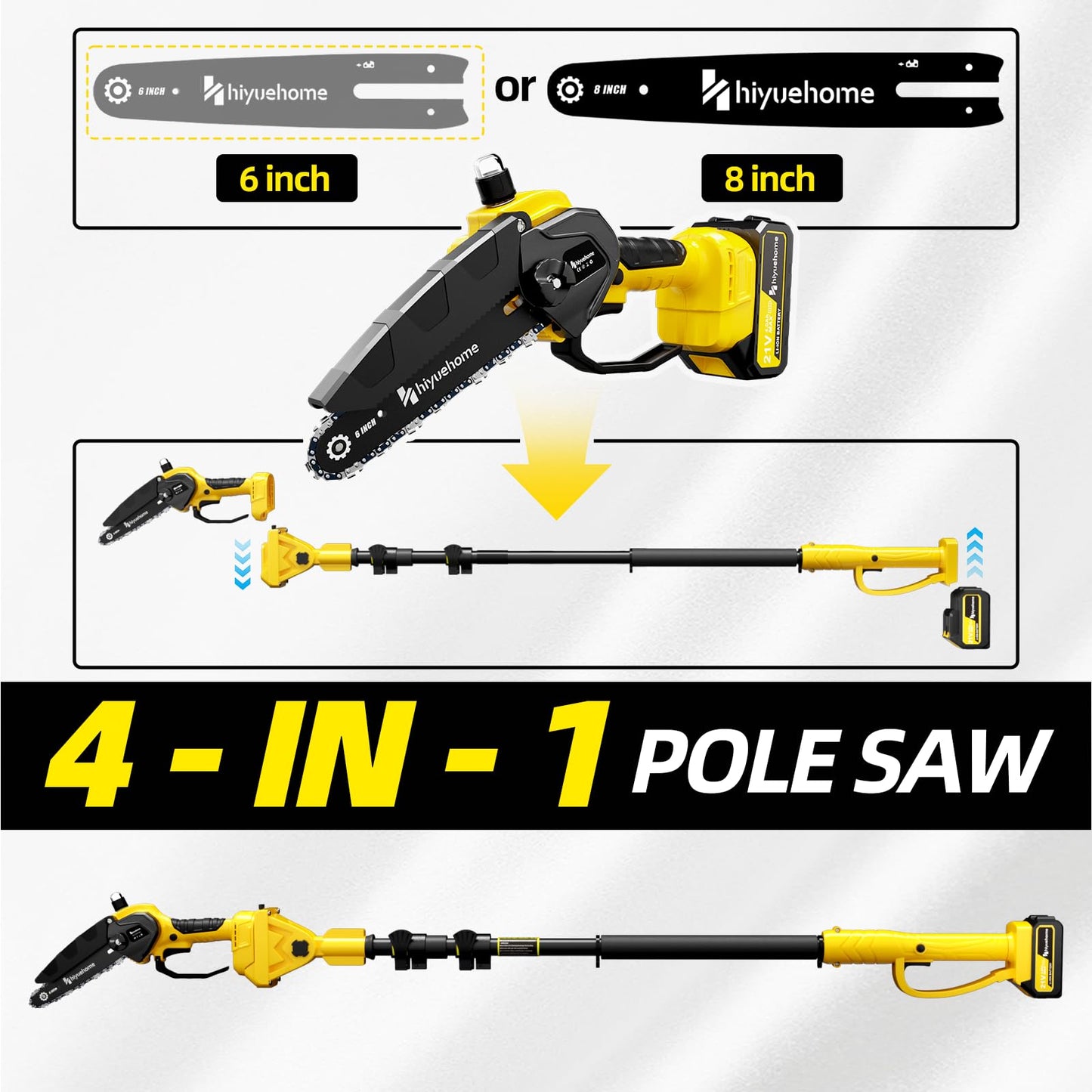 21V Cordless Pole Saw, 4-in-1 180° Rotatable Electric Tree Trimmer with 6/8 Inch Guide Bars,4000mAh Battery & Fast Charger, Telescopic Pole, Brushless Motor for Garden/Farm/Camping