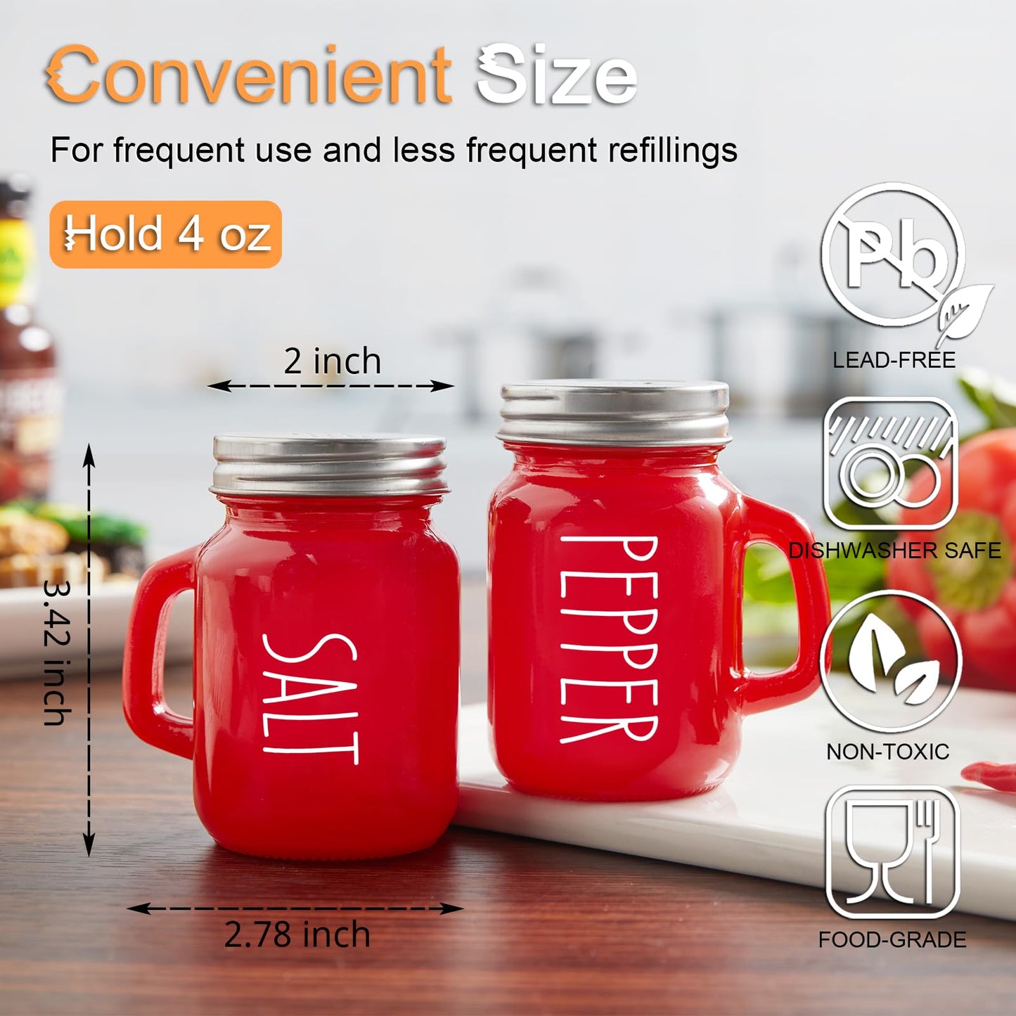 Red Salt and Pepper Shakers Set, ZOSUJO 4 oz Cute Modern Glass Christmas Red Shaker Sets with Stainless Steel Lids, Red Kitchen Decor and Accessories for Home Restaurants Weddings
