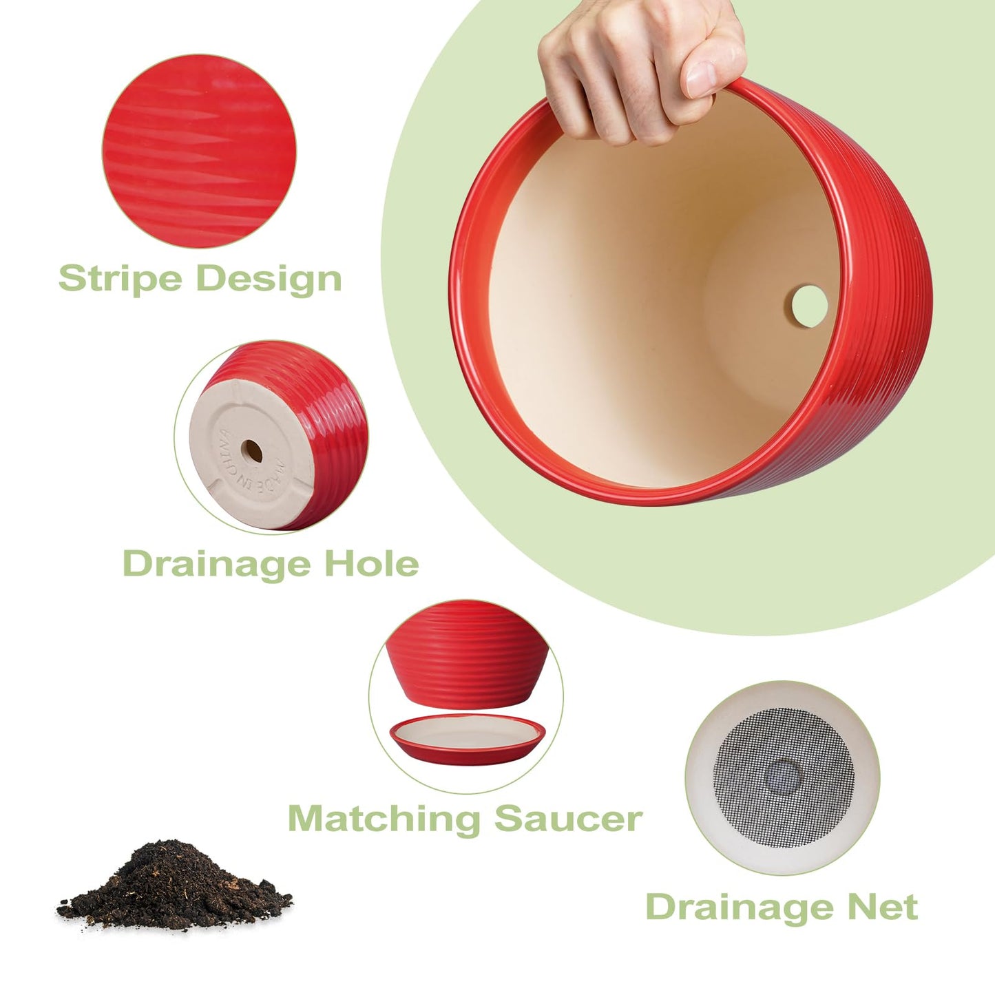 EPFamily 6 Inch Ceramic Plant Pot - Ceramic Pots for Plants, Round Planter with Drainage Hole and Saucer, Modern Flower Pots for Indoor Plants, Desk Home Office Decor, Plant Lover Gifts, Glossy Red