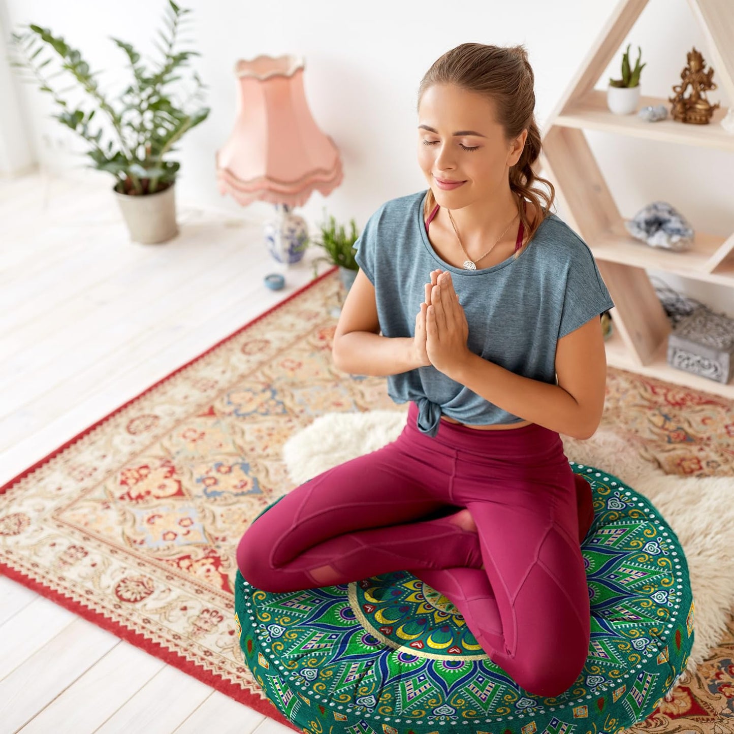 Mandala Meditation Cushion, Boho Meditation Mat, Meditation Pillows for Sitting on Floor, Cushions for Sitting in Home and Outdoor, Round Floor Pillows Cushion Seating for Yoga Accessories 22'' X 22''