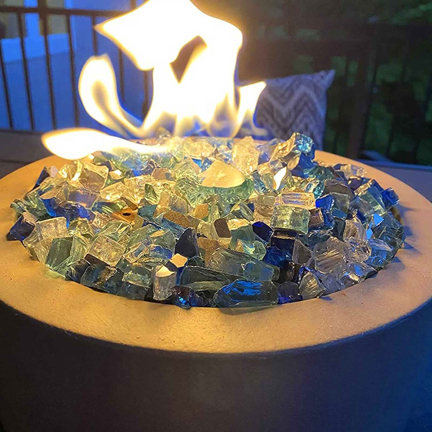 Grisun 10 Pound Fire Glass for Fire Pit - 1/2 inch Reflective Fire Glass Rocks, Decorative for Fireplace and Fire Table, Blend of Cobalt Blue, Caribbean Blue and Platinum