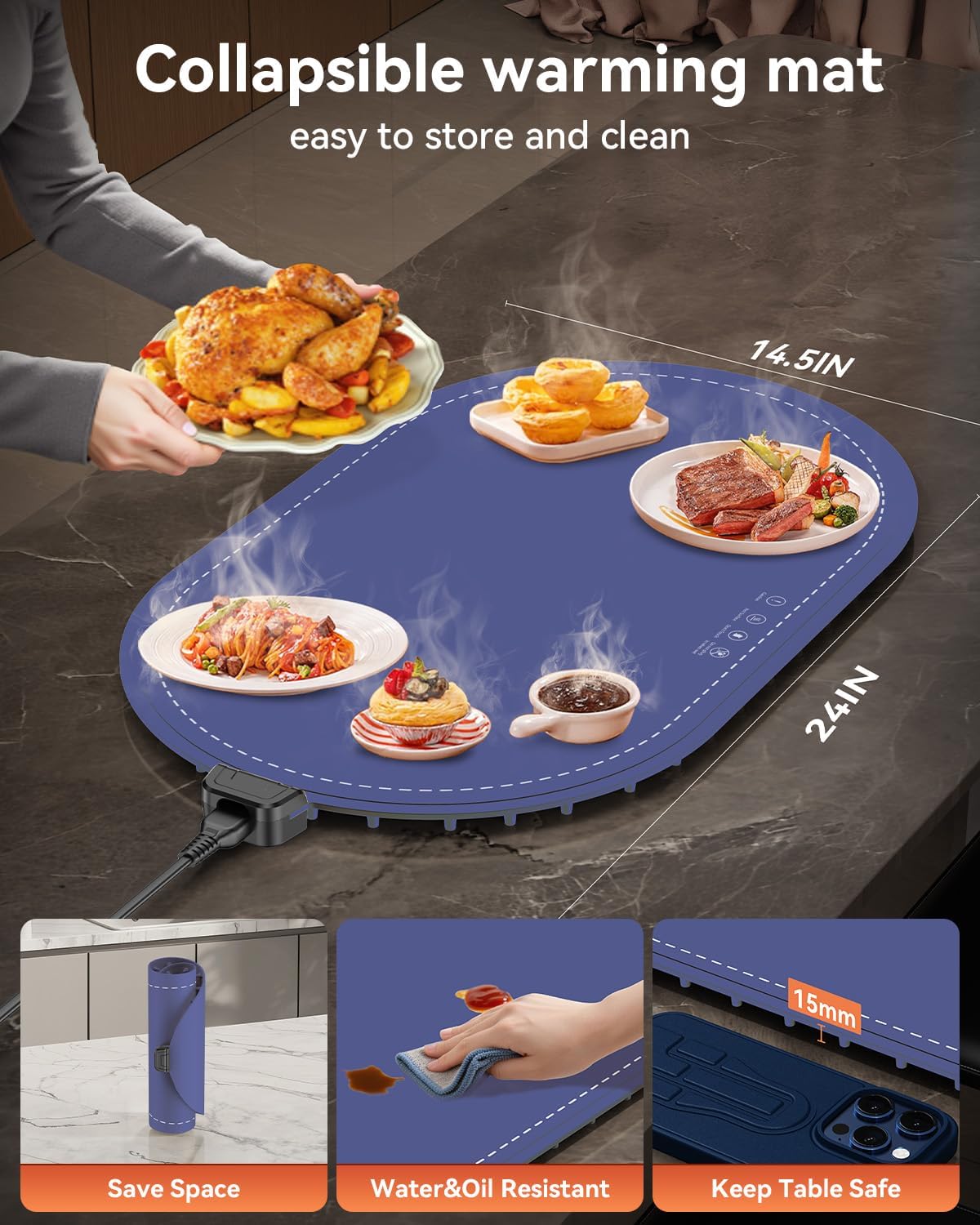 Food Warming Mat for Table & Buffet, Fast Heating Serving Tray with Adjustable Temperature & Timer, Foldable Silicone Heating Mat for Family Meals, Parties & Holiday Hosting