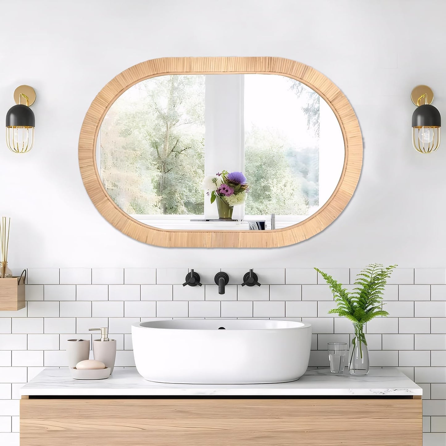 FUIN Handcrafted Rattan Oval Wall Mirror 20x30 – Natural Woven Wicker Frame for Boho Living Room & Entryway – High-Definition Shatter-Resistant Mirror – Vertical or Horizontal Biophilic Home Decor