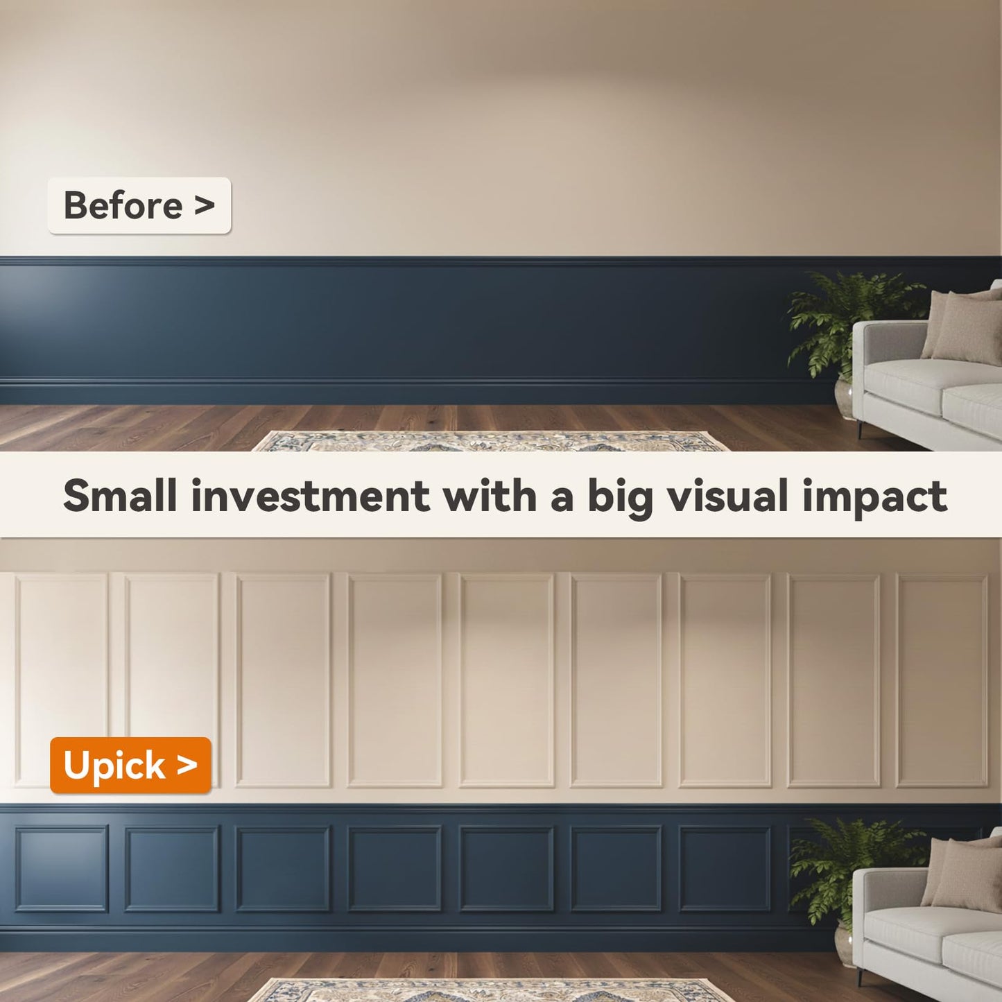 Upick Wall Molding Kit, Pre-Cut Peel and Stick Paintable Wainscoting Panels, Decorative Trim for Accent Walls (24"x54", 6-Frame Set)
