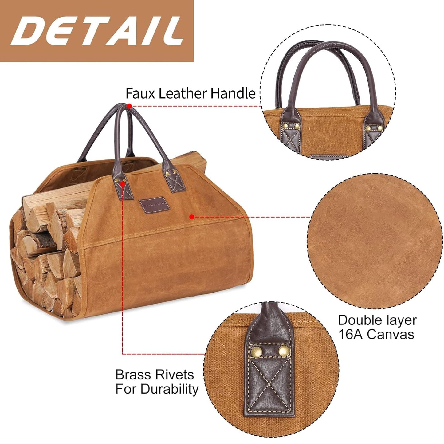 GOOD GAIN Firewood Carrier Waxed Canvas with Faux Leather Handle, Wood Carrier for Firewood, 36x18.5in Heavy Duty Firewood Storage Tote, Fireplace Log Carrier Indoor Bag, Wood Stove Accessories. Khaki