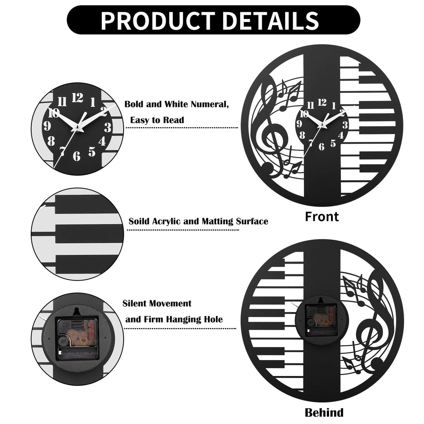 CIGERA 12 Inch Music Themed Wall Clock - Piano Key & Musical Note Design, Silent and Battery Operated - Perfect for Music Room, Studio Decor - Gift for Pianists, Musicians & Music Lover