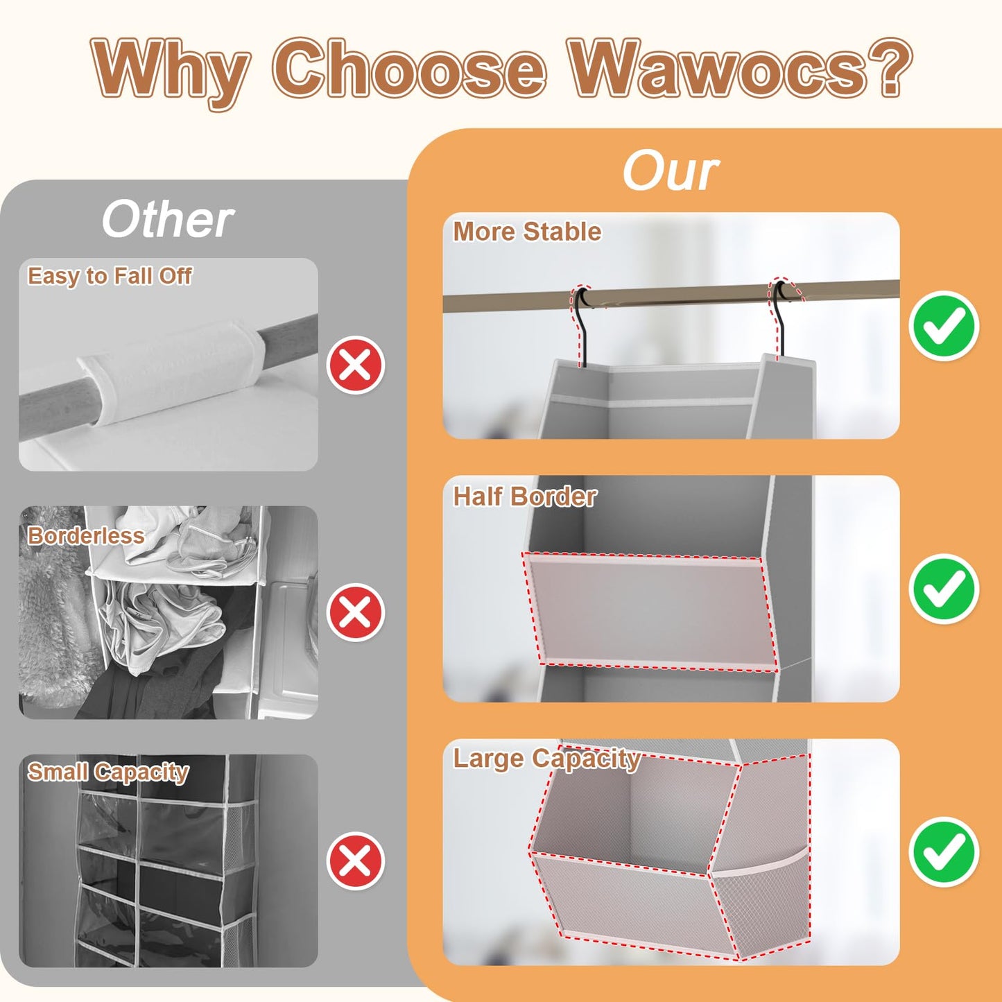 Hanging Closet Organizer 4 Shelf Collapsible Bedroom Closet Organizers and Storage Hanging with Mesh Pockets for Clothes, Fabric Hanging Storage Bins for Wardrobe Closet Organization and Storage, Grey