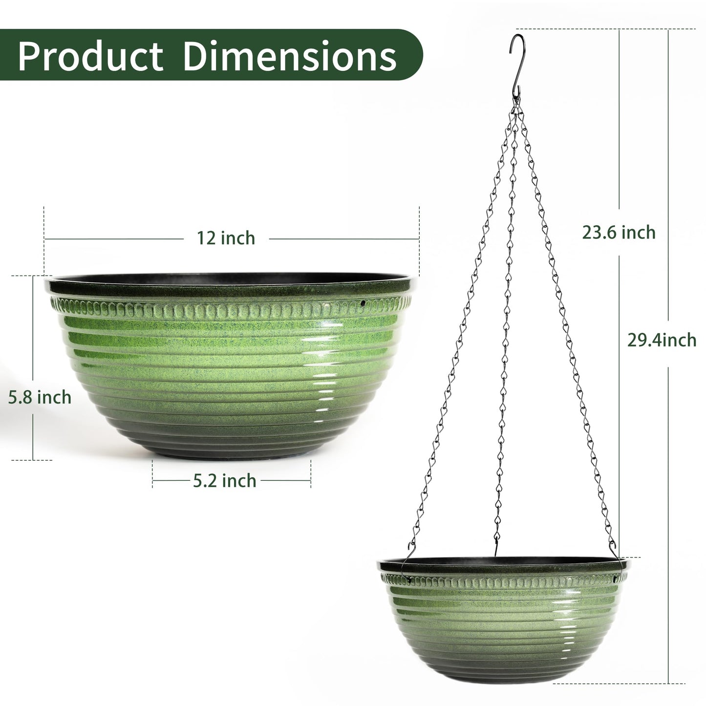 Vanslogreen 12 inch Hanging Planters for Indoor Outdoor Plants, 2 Pack Large Hanging Flower Pots with Drainage Holes and Chain, Glazed Hanging Baskets for Home Garden Decoration, Green