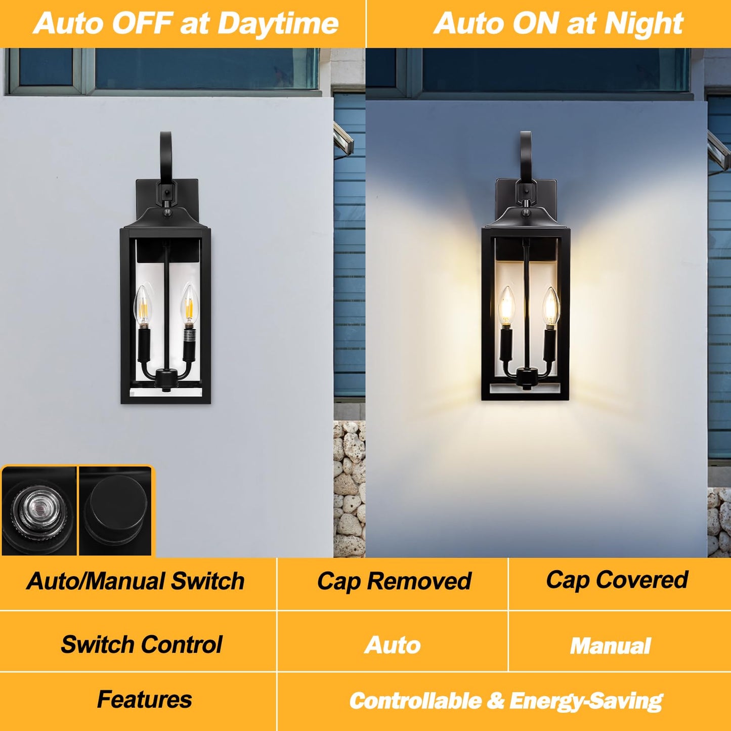 Black Dusk to Dawn Outdoor Wall Lantern 2-Light, 19" Large Modern Outdoor Wall Lights, Industrial Porch Lights Wall Mount with Tempered Glass, Waterproof Farmhouse Exterior Lighting Fixtures, 2 Packs