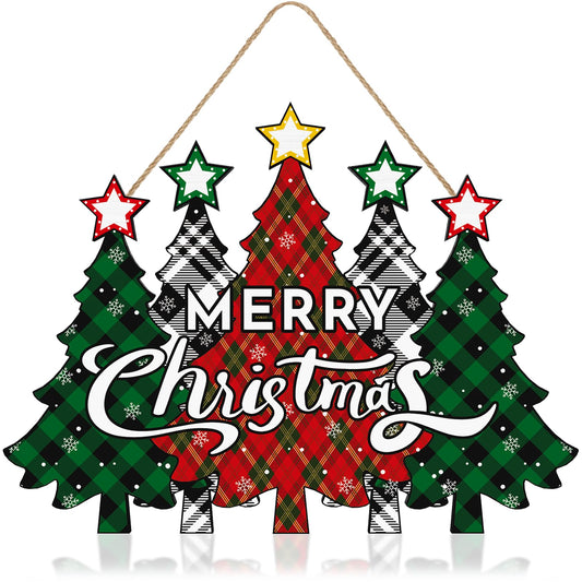 Wooden Merry Christmas Door Sign,Christmas Tree Door Wreath for Front Sign Wall Signs,Decoration Farmhouse Hanging Plaque,Hanging for Home Wall Decor Party(Red)
