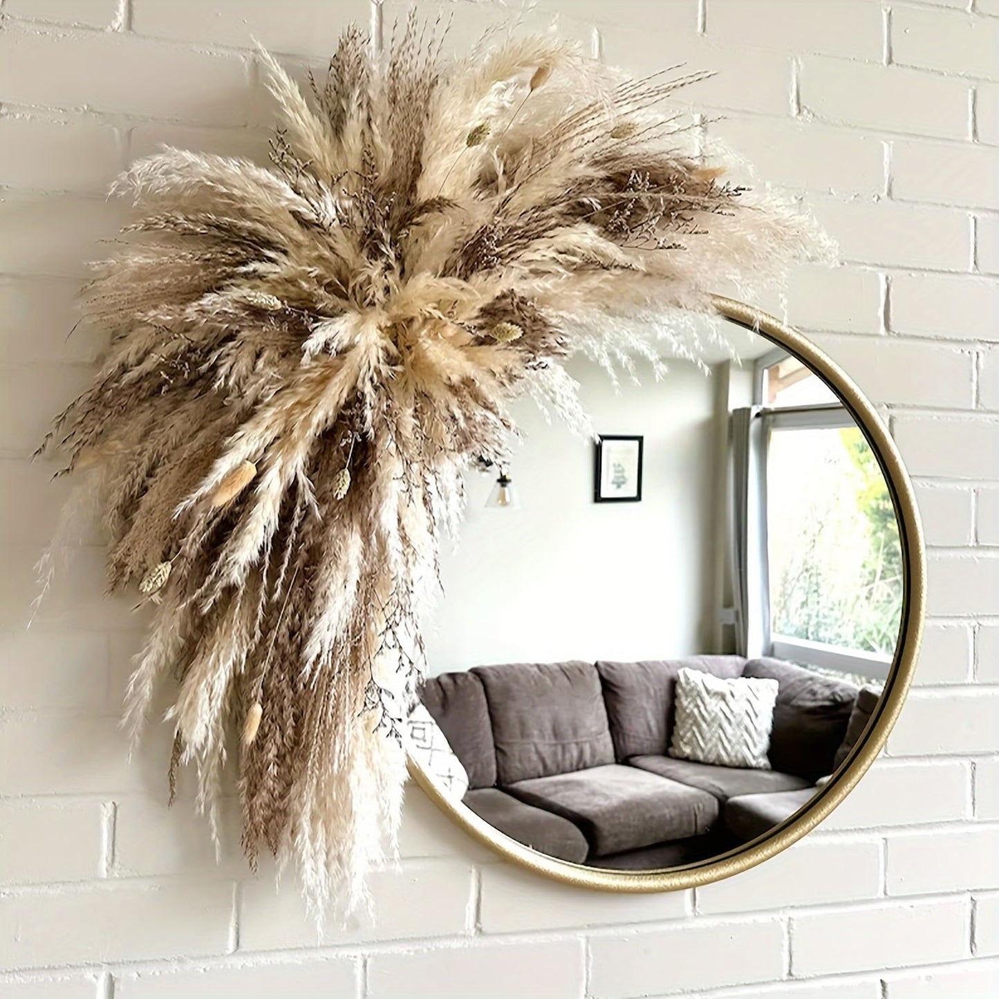YN HI FLOWER DIY Natural Dried Flower Wall Hanging, Pampas Grass Decor,35-Inch Boho Pampas Grass, Pink Bunny Tails, Palm Leaves, Wedding Arch Decor- Need to Assemble