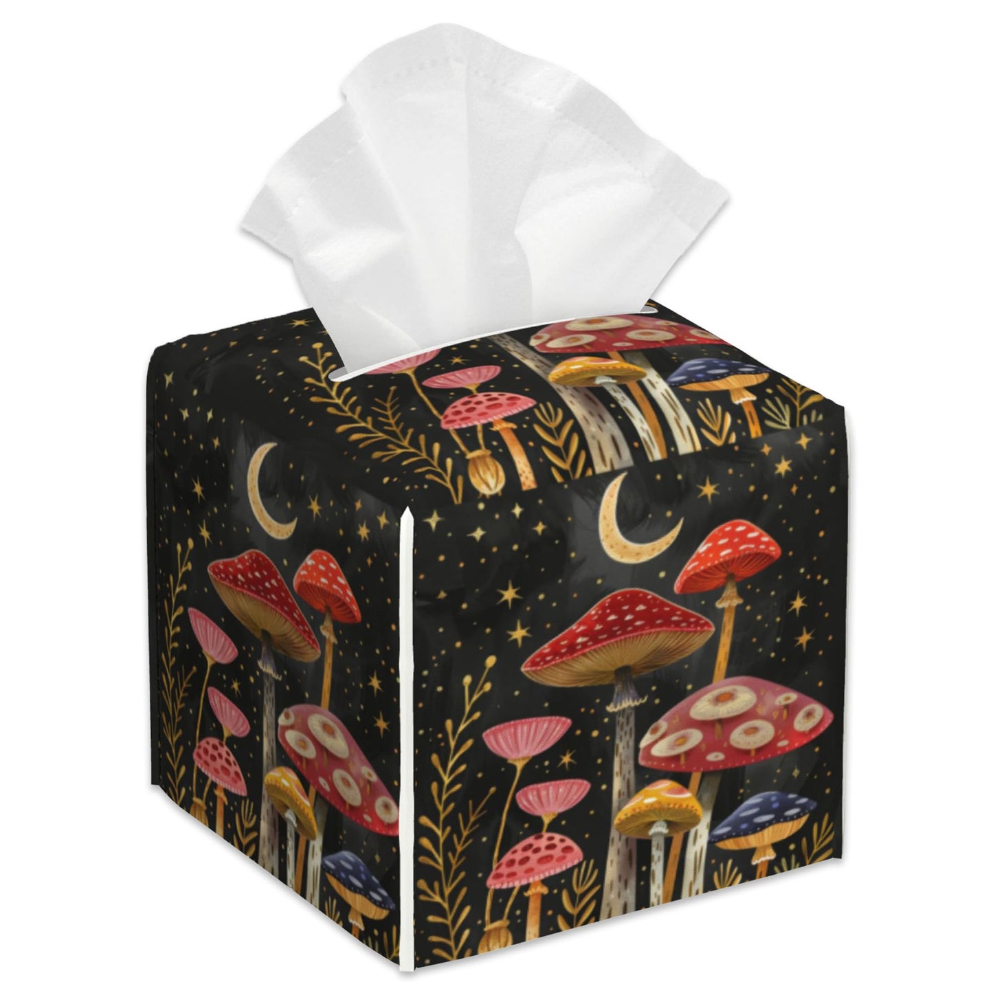 Colorful Mushrooms and Crescent Moon Tissue Box Cover Leather Tissue Box Holder Square Facial Paper Case Organizer Dispenser for Bathroom Vanity Countertop Tabletop Car Office